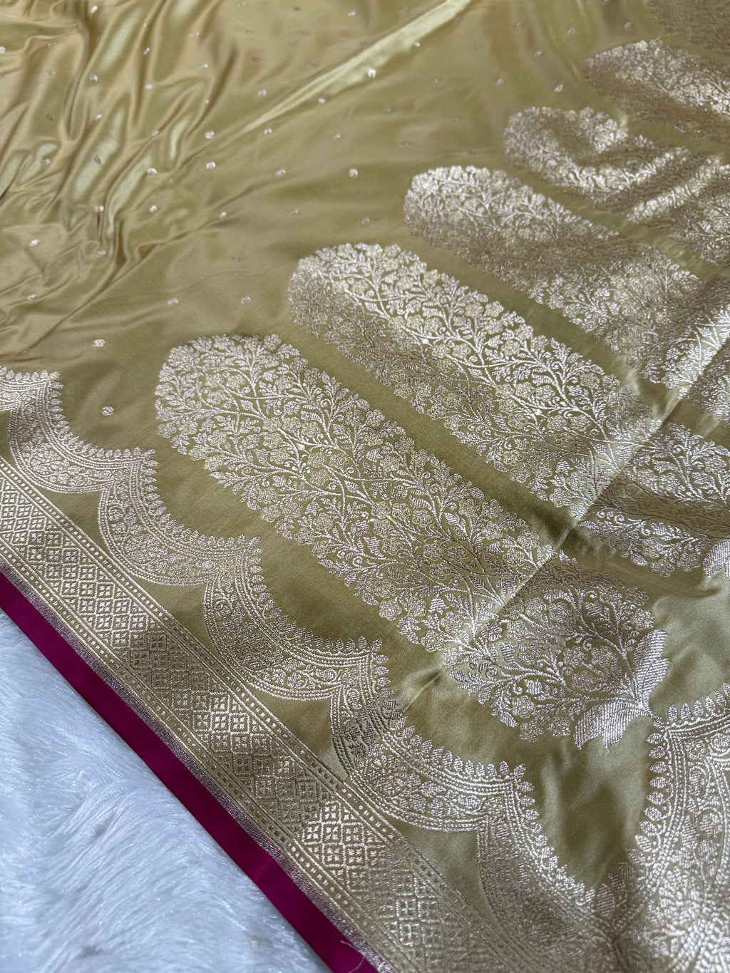 Beige Banarasi Mashru Silk Saree with Dot Buti Weaving & Fancy Jacquard Border MKS104