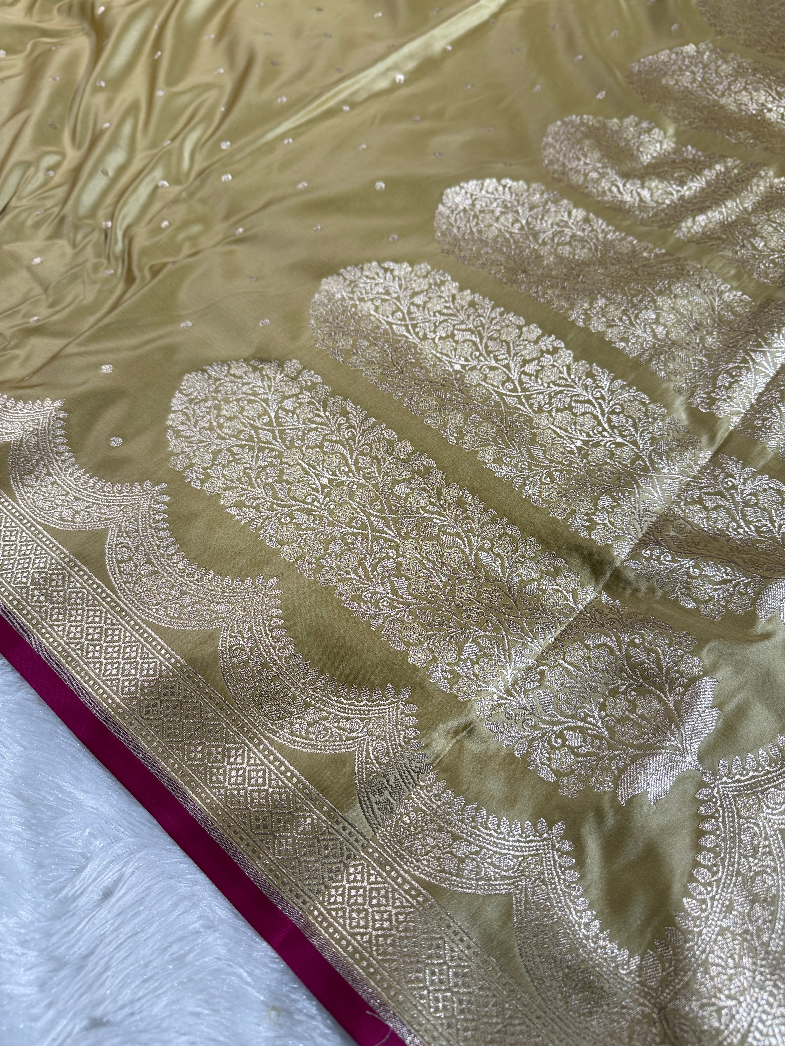 Beige Banarasi Mashru Silk Saree with Dot Buti Weaving & Fancy Jacquard Border MKS104