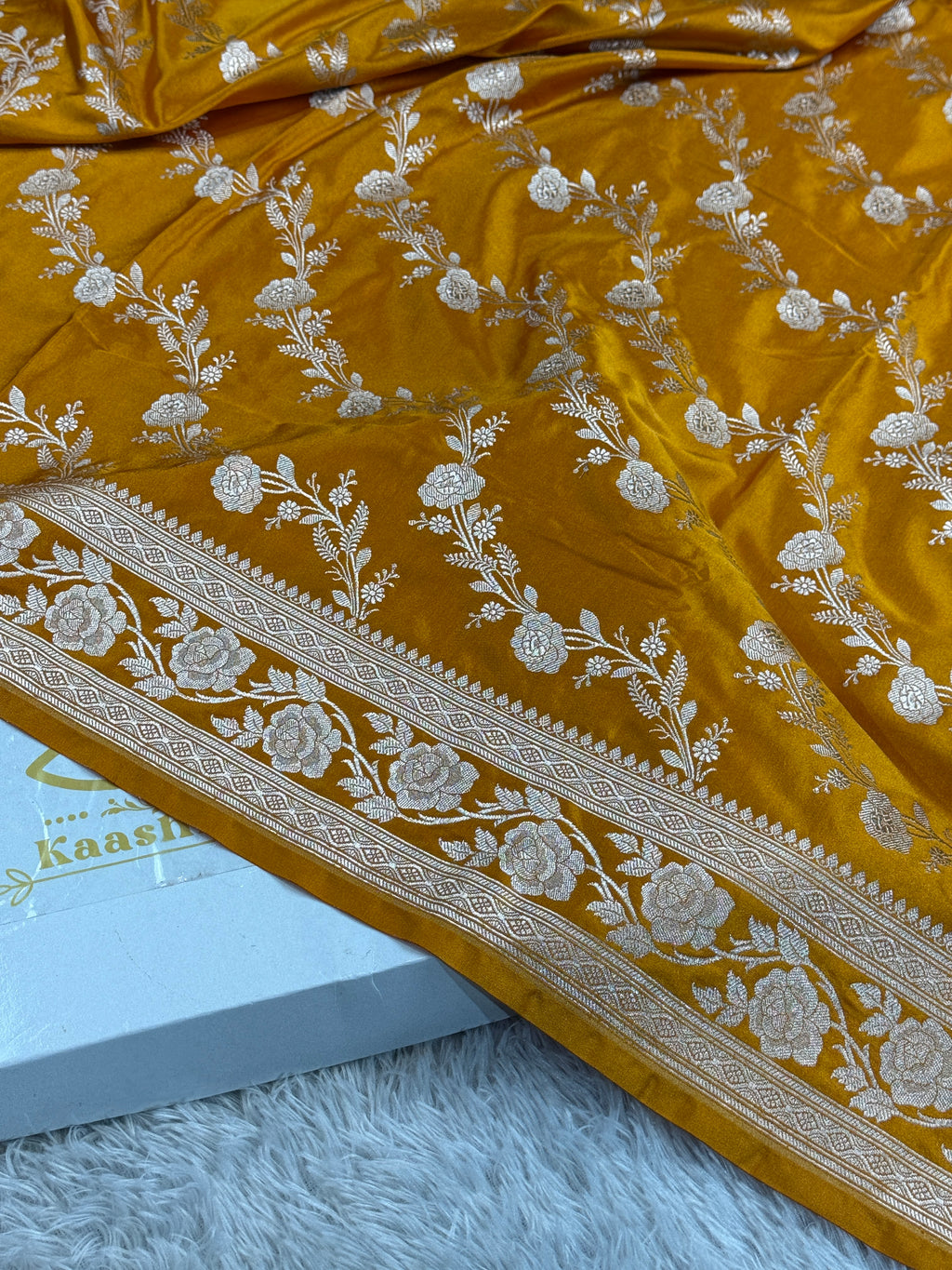 Mustard Banarasi Mashru Silk Saree with Jacquard Woven Jaal Design MKS145
