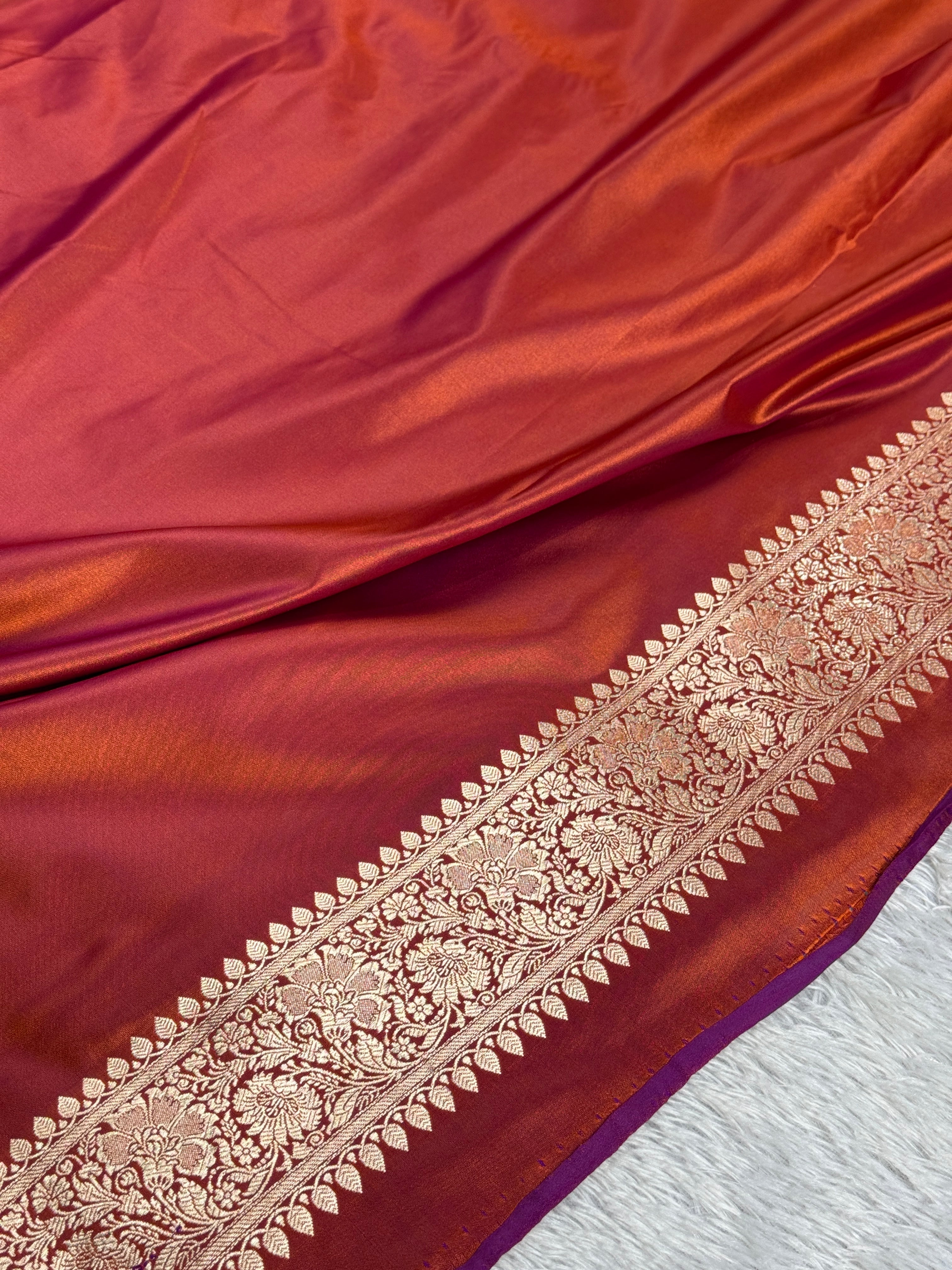 Rust Red Jangla Woven Mashru Kataan Silk Banarasi Saree with Rich Jacquard Pallu – MKS502 | Kaashi Threads