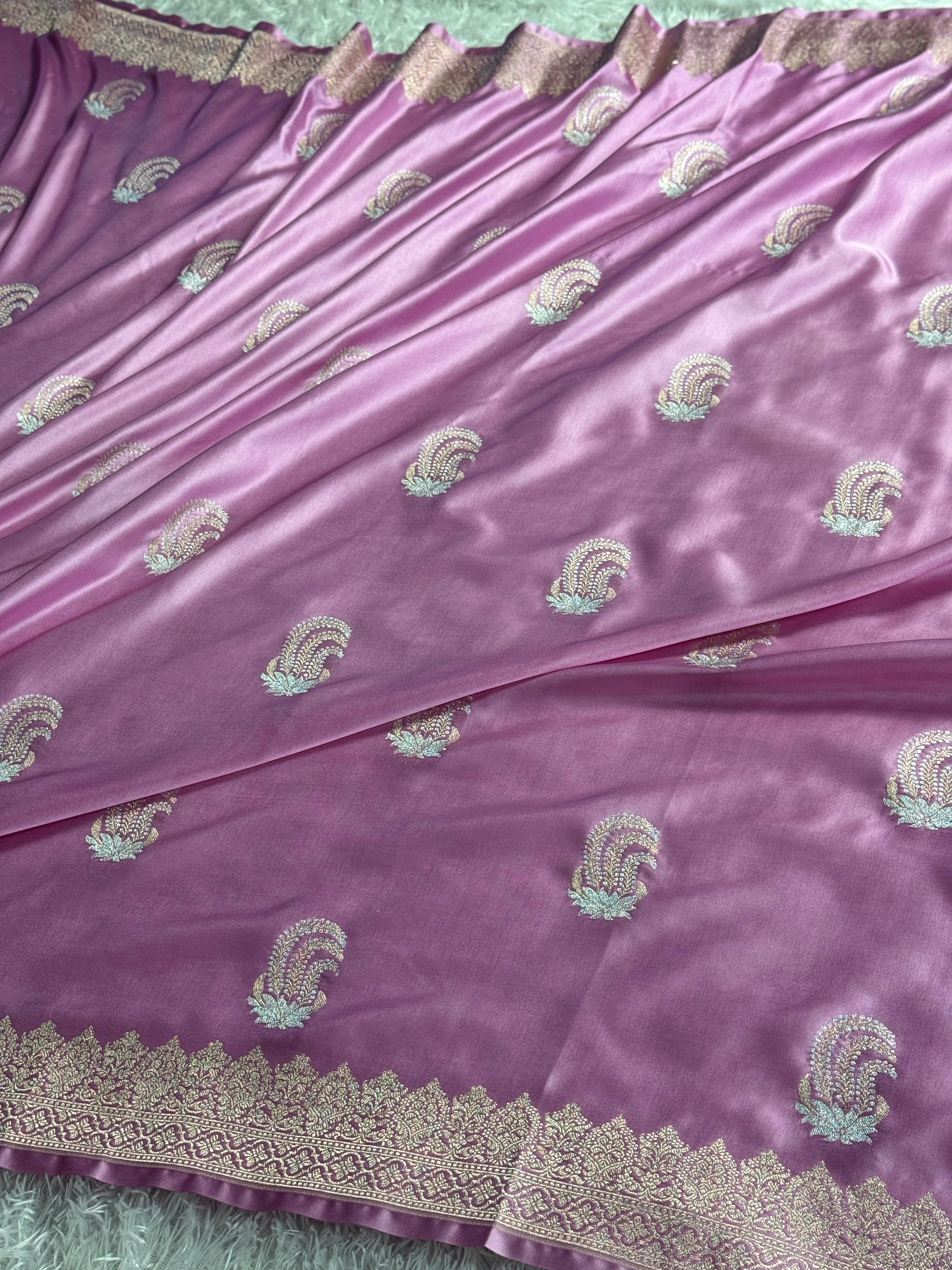 Pink Gajri Mashru Kataan Silk Saree with Meenakari Buta & Rich Zari Woven Pallu | MKS699