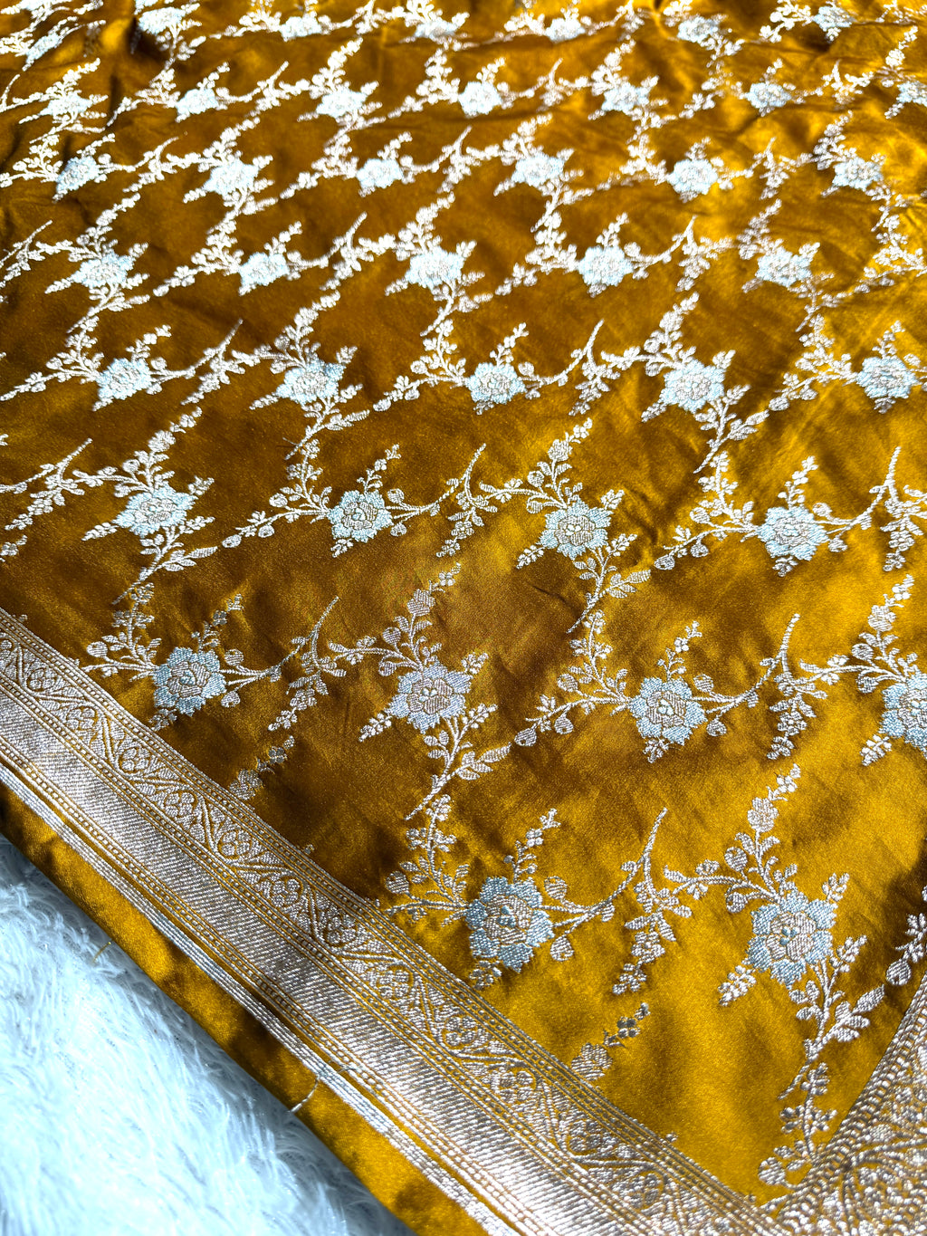 Mustard Mashru Silk Saree in Jaal Pattern MKS010
