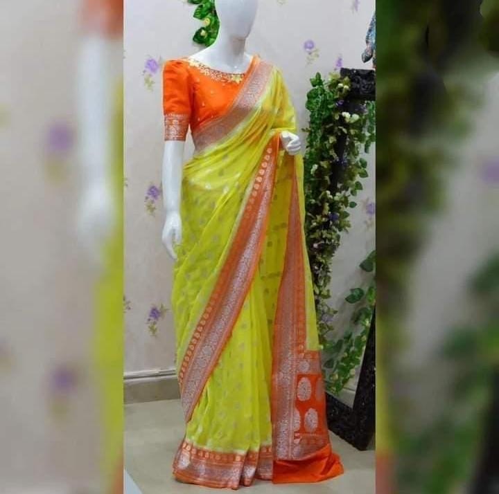 Semi Georgette Silk Saree with Leaf Buta & Rich Zari Pallu – SM61