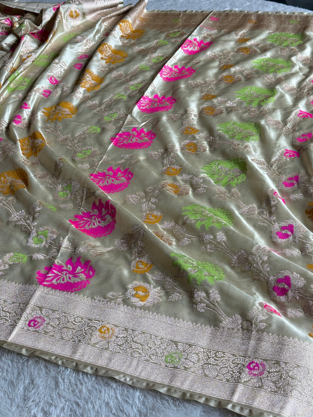 Beige Luxury Banarasi Mashru Silk Saree with Intricate Jaal Meena Work MKS126