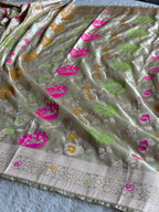 Beige Luxury Banarasi Mashru Silk Saree with Intricate Jaal Meena Work MKS126