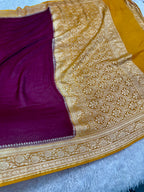 Pure Silk Georgette Wine & Yellow Banarasi Saree with Nimzari Woven Border & Rich Zari Pallu PS152