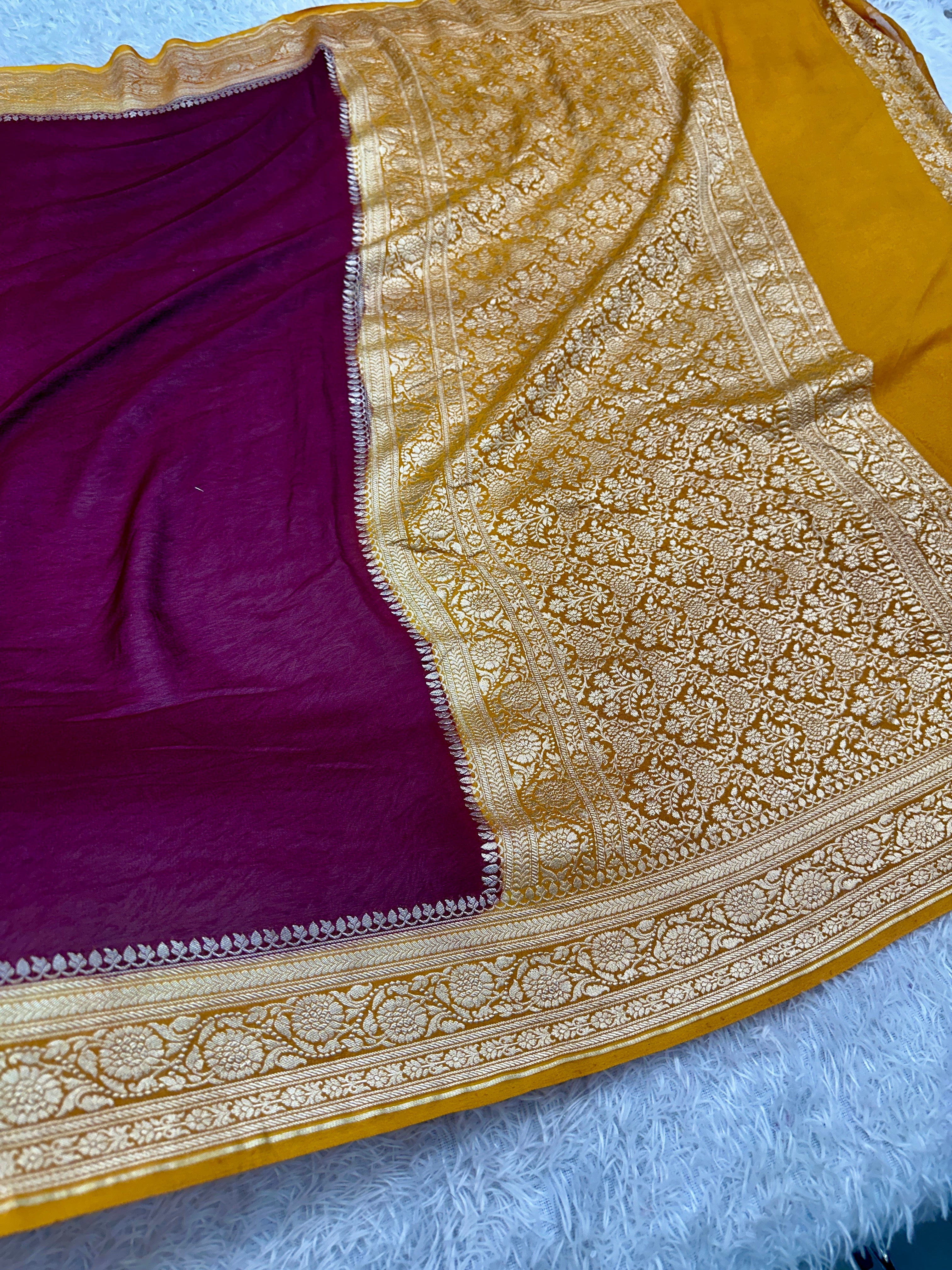 Pure Silk Georgette Wine & Yellow Banarasi Saree with Nimzari Woven Border & Rich Zari Pallu PS152