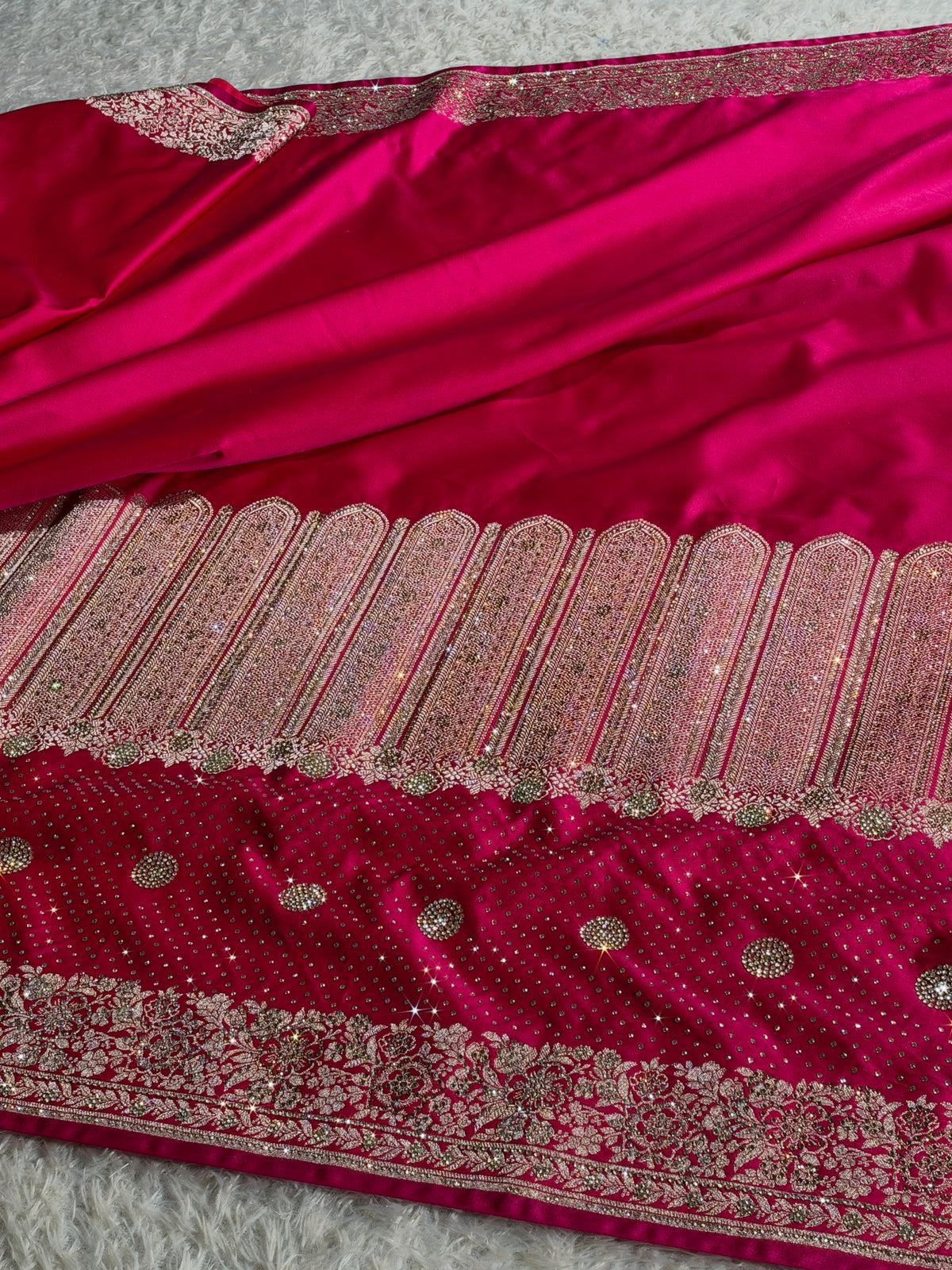 Rani Pink Dual Shade Mashru Kataan Silk Saree with All-Over Siroski Stone Work | Woven Pallu & Blouse | MKS840