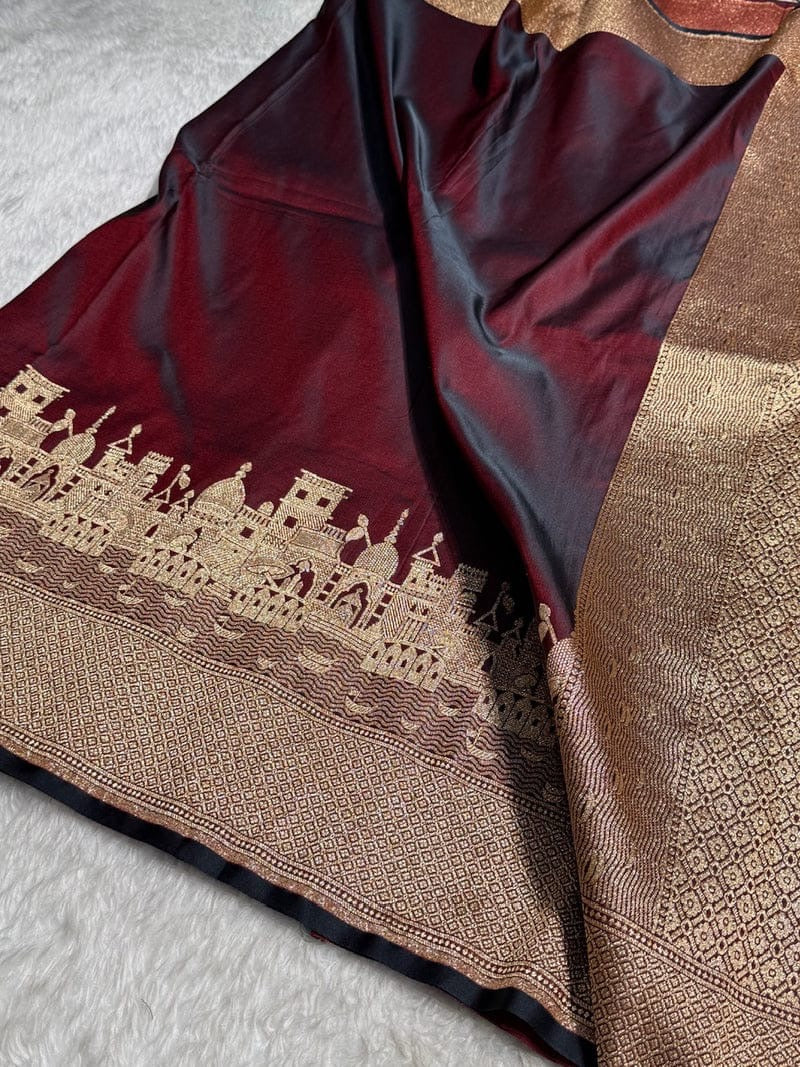 Mashru Kataan Silk Saree with Ghats Woven Design, Ikkat Border & Rich Zari Pallu – MKS406