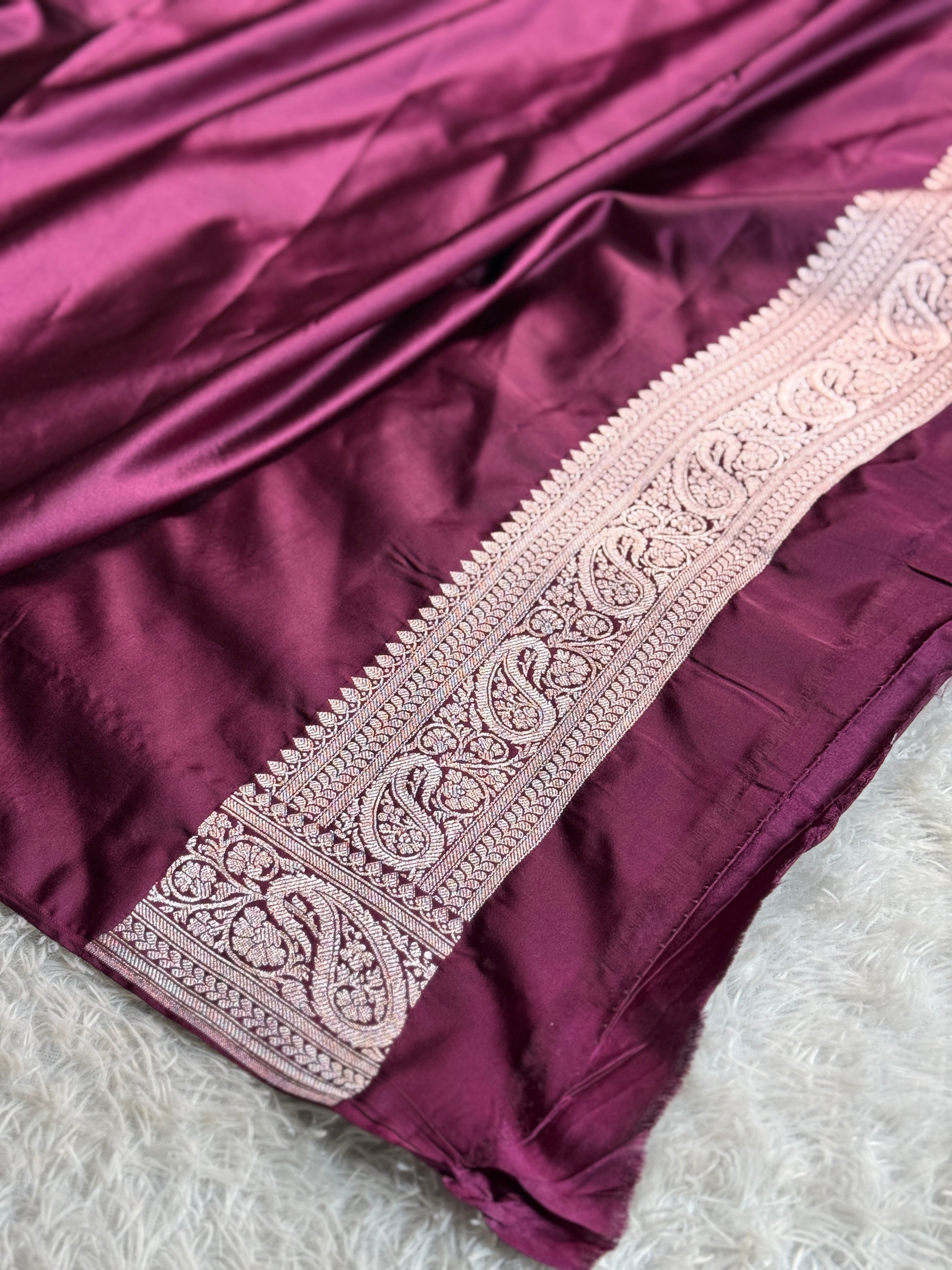 Premium Contrast Pink Wine Mashru Kataan Silk Saree with Buta Woven Design & Rich Zari Pallu MKS624