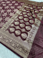 Wine & Strawberry Rangkaat Banarasi Mashru Silk Saree with Jacquard Woven Jaal Pattern MKS033
