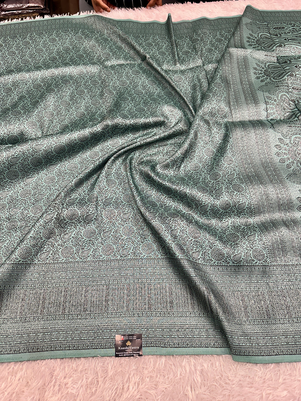 STF51 – Charming Sea Green Dupion Saree with All-Over Floral Woven Designs