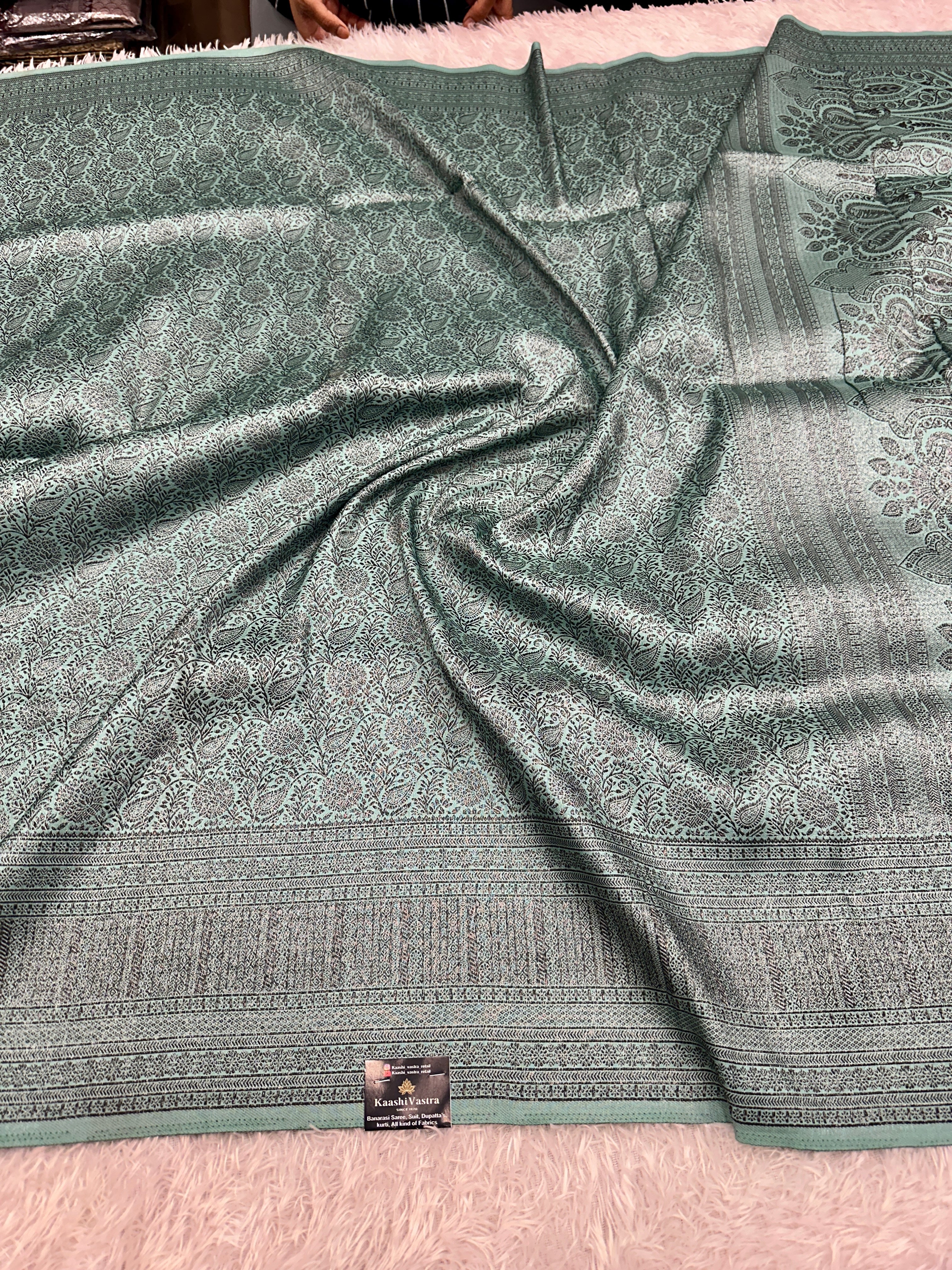 STF51 – Charming Sea Green Dupion Saree with All-Over Floral Woven Designs