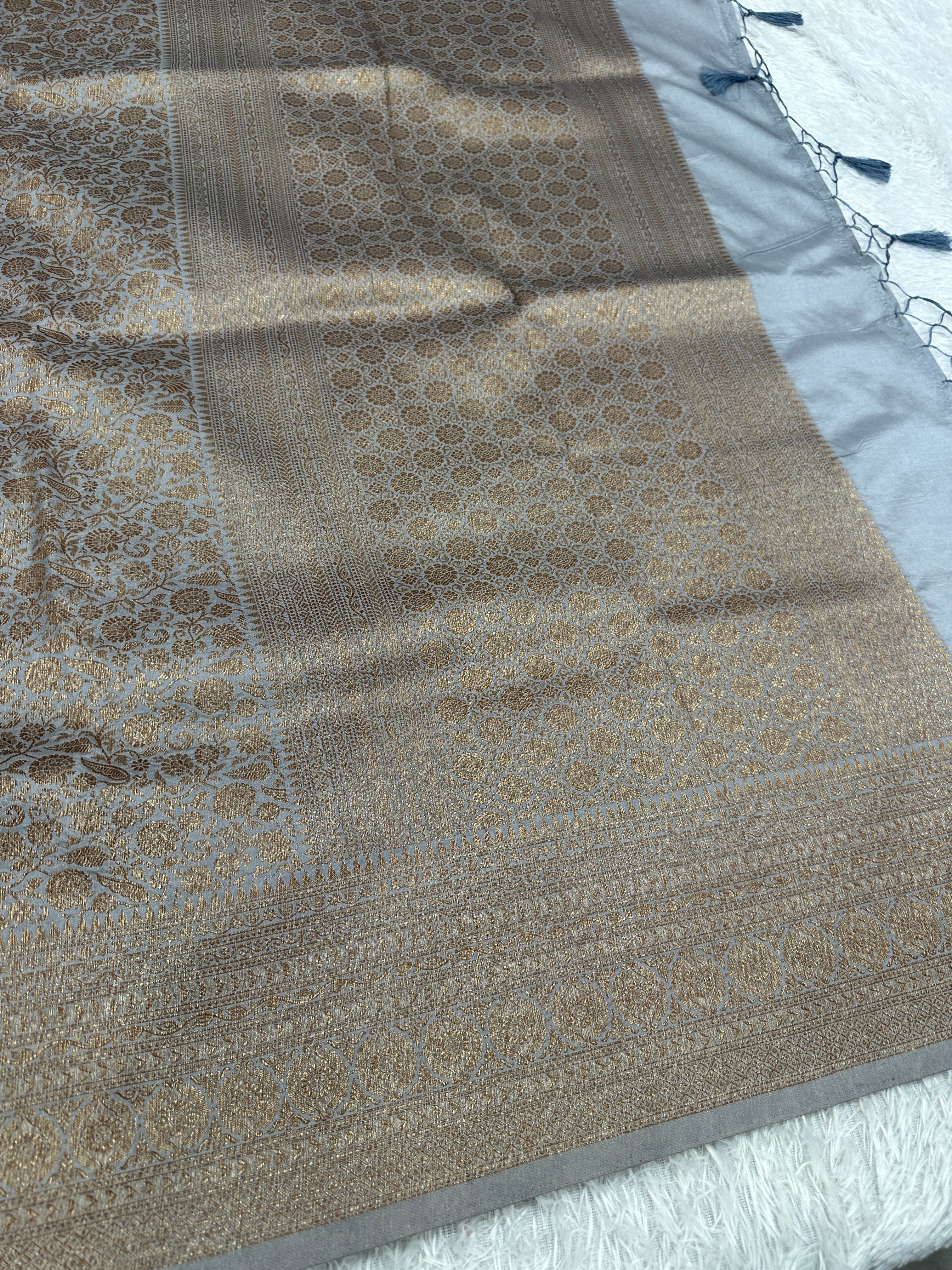 Grey Banarasi Dupion Silk Saree with Embossed Antique Zari Weaving & Rich Antique Zari Pallu | STF72