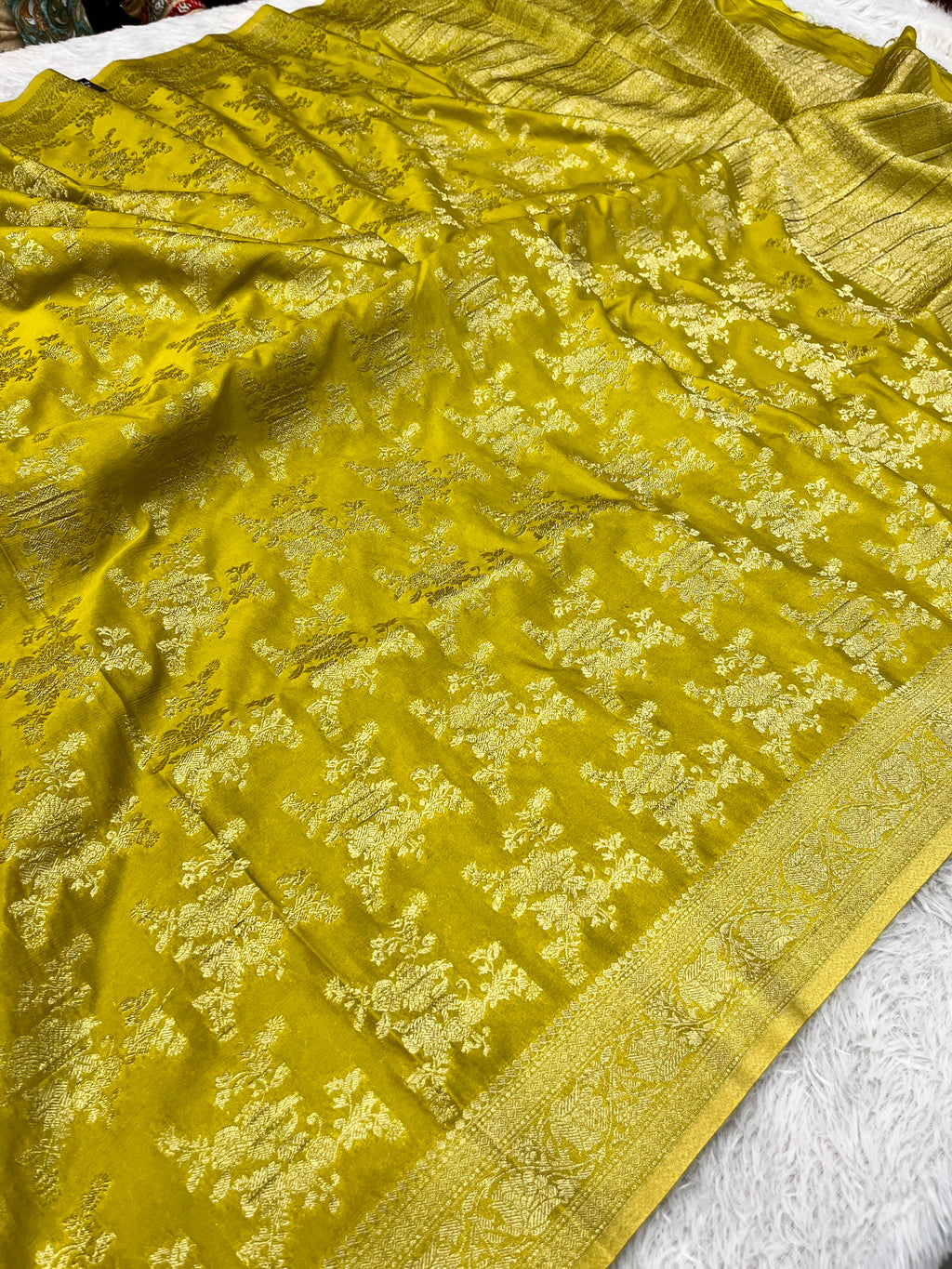 Chinon Silk Flower Design Lemon Color Saree CN04