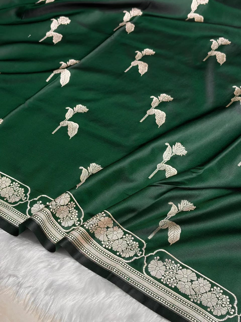Banarasi Mashru Kataan Silk Saree Featuring Flower Buta Design with Ikkat Border and Zari Pallu – MKS409