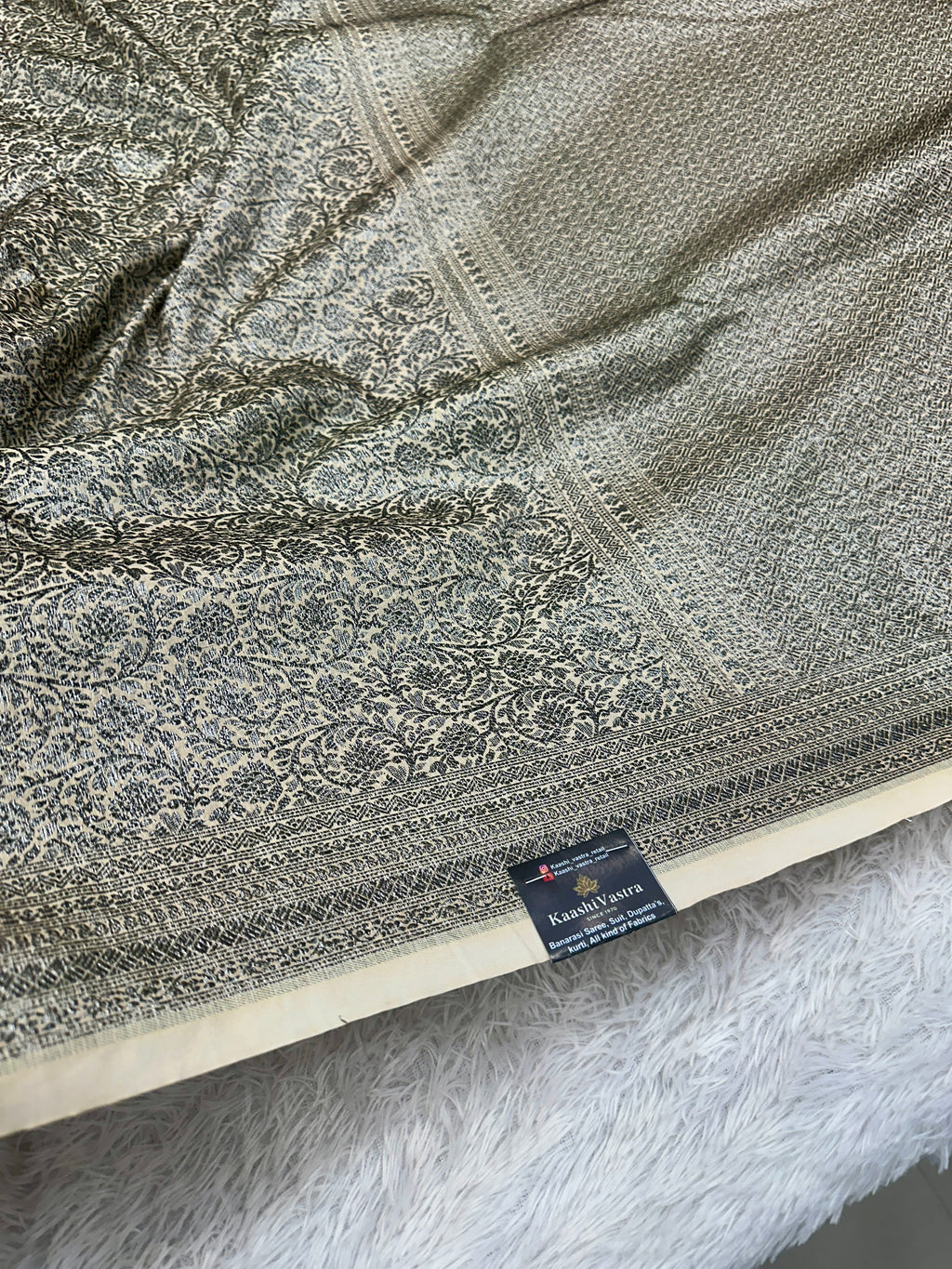 STF48 – Elegant Cream Dupion Saree with Silver-Black Antique Zari Weaving