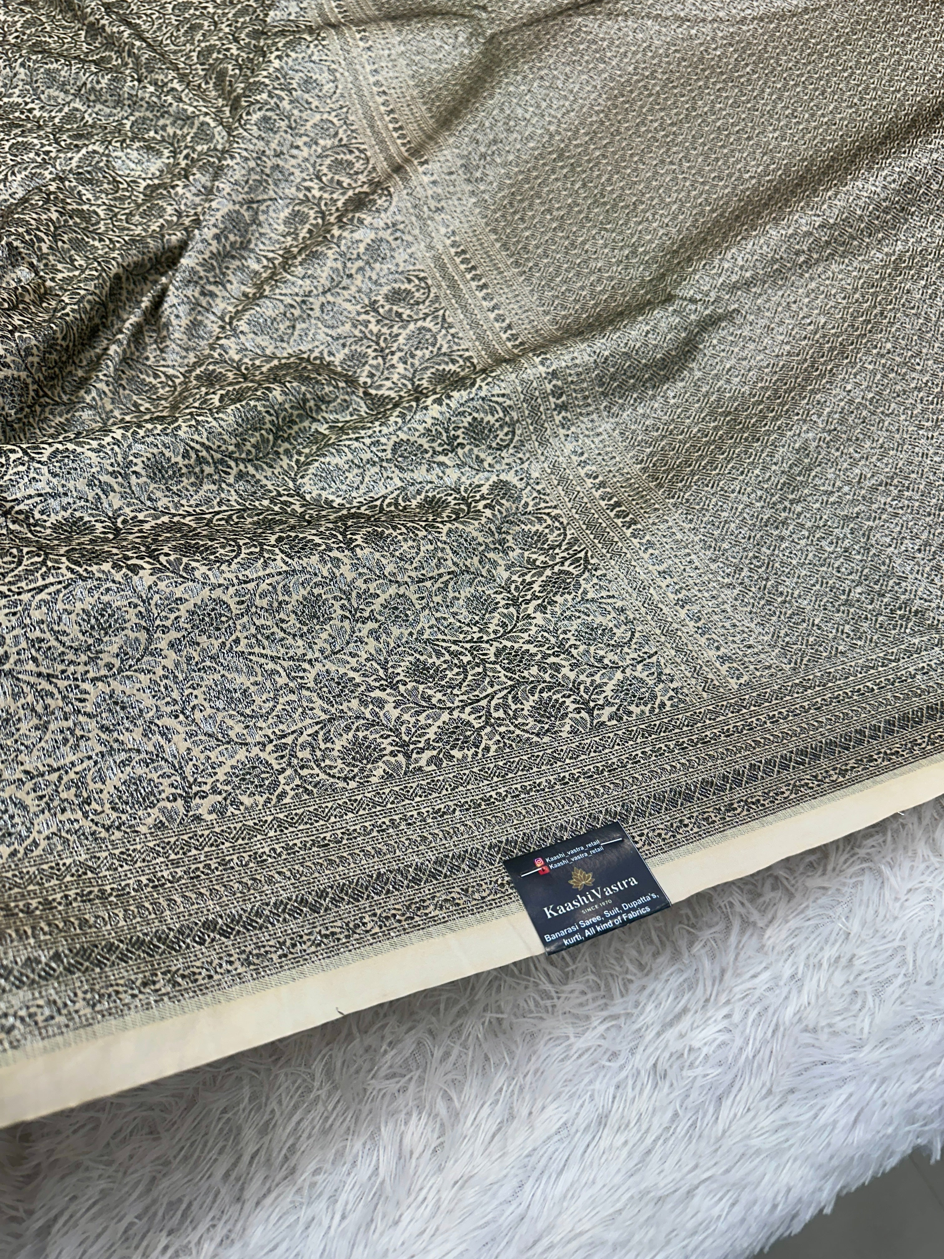 STF48 – Elegant Cream Dupion Saree with Silver-Black Antique Zari Weaving