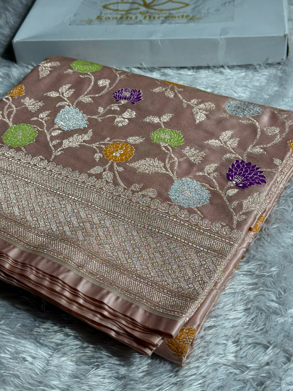 Blush Peach Mashru Kataan Silk Saree with Jaal Meenakari Weaving & Rich Zari Pallu – MKS517