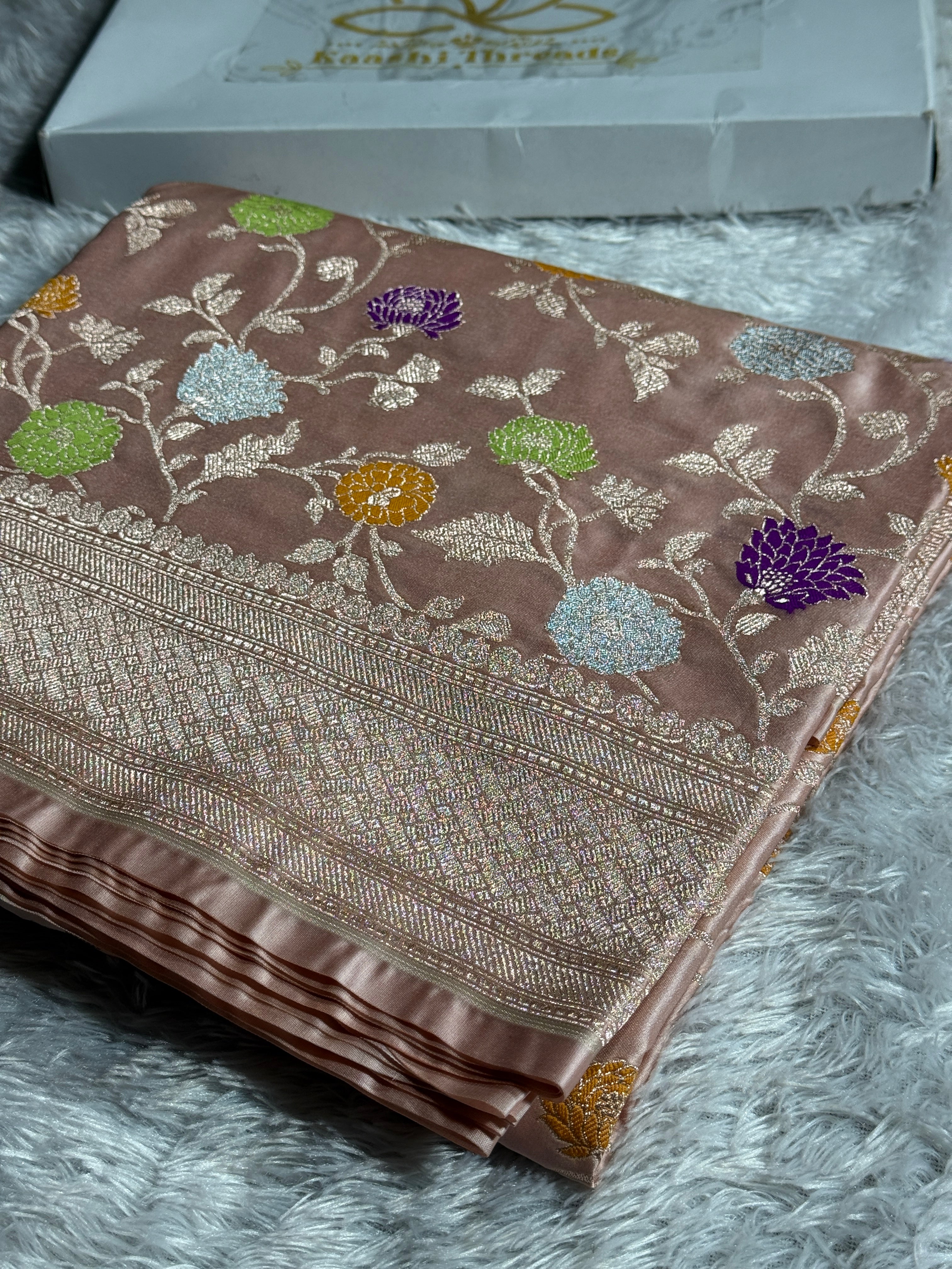 Blush Peach Mashru Kataan Silk Saree with Jaal Meenakari Weaving & Rich Zari Pallu – MKS517