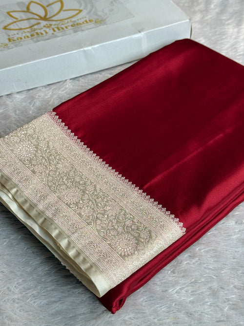 Elegant Maroon Mashru Kataan Silk Saree with Cream Contrast Zari Border – MKS632