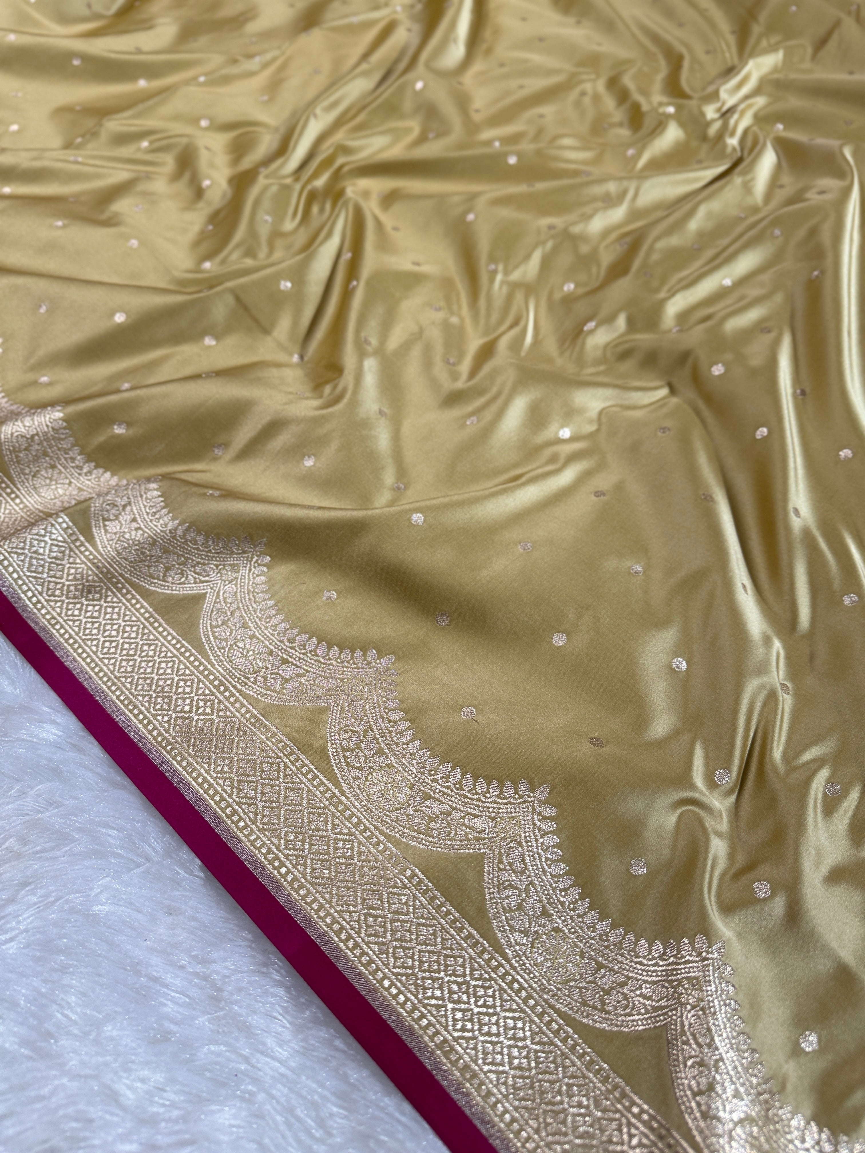 Beige Banarasi Mashru Silk Saree with Dot Buti Weaving & Fancy Jacquard Border MKS104