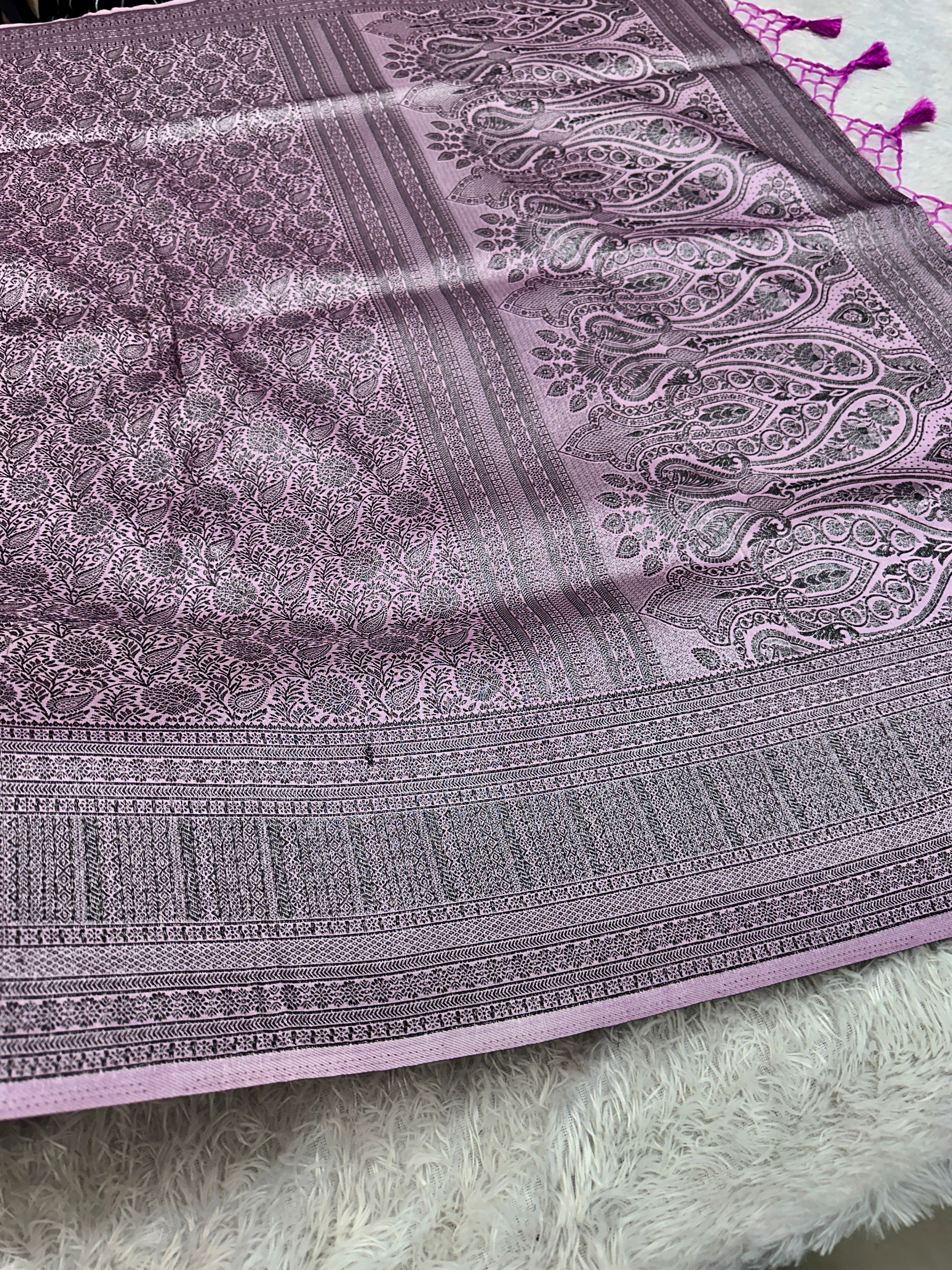 STF56 – Elegant Lavender Dupion Saree with Embossed Square Woven Designs