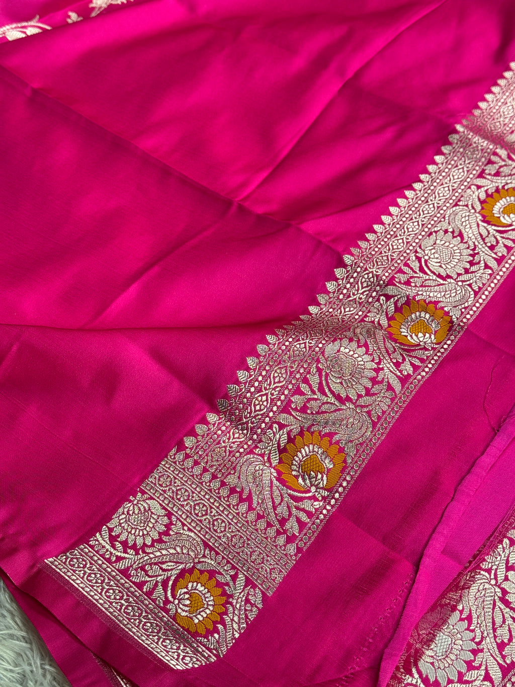 Dark Pink Banarasi Mashru Silk Saree with Jaal Woven Meenakari Work & Scalloped Border MKS167