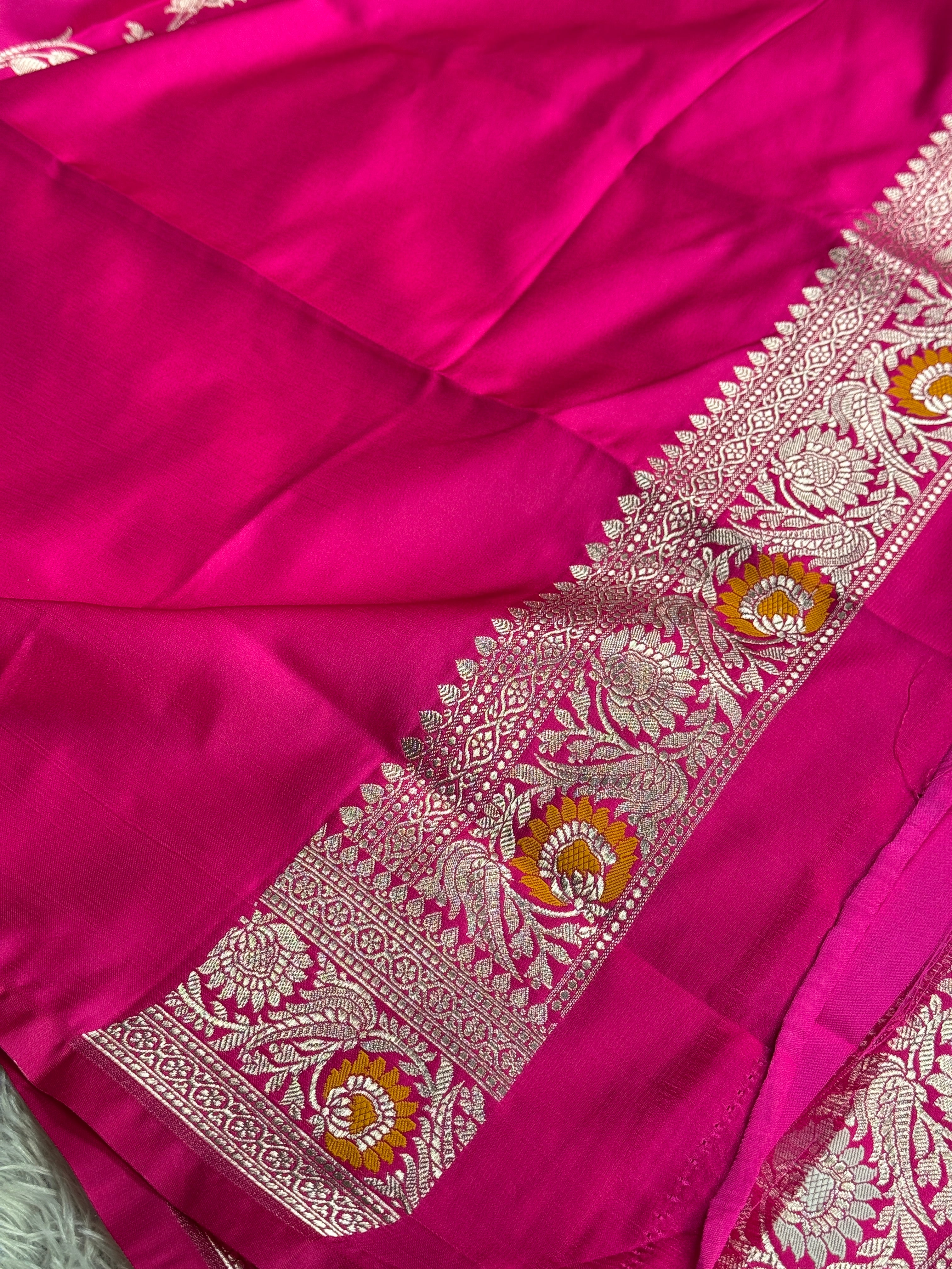 Dark Pink Banarasi Mashru Silk Saree with Jaal Woven Meenakari Work & Scalloped Border MKS167