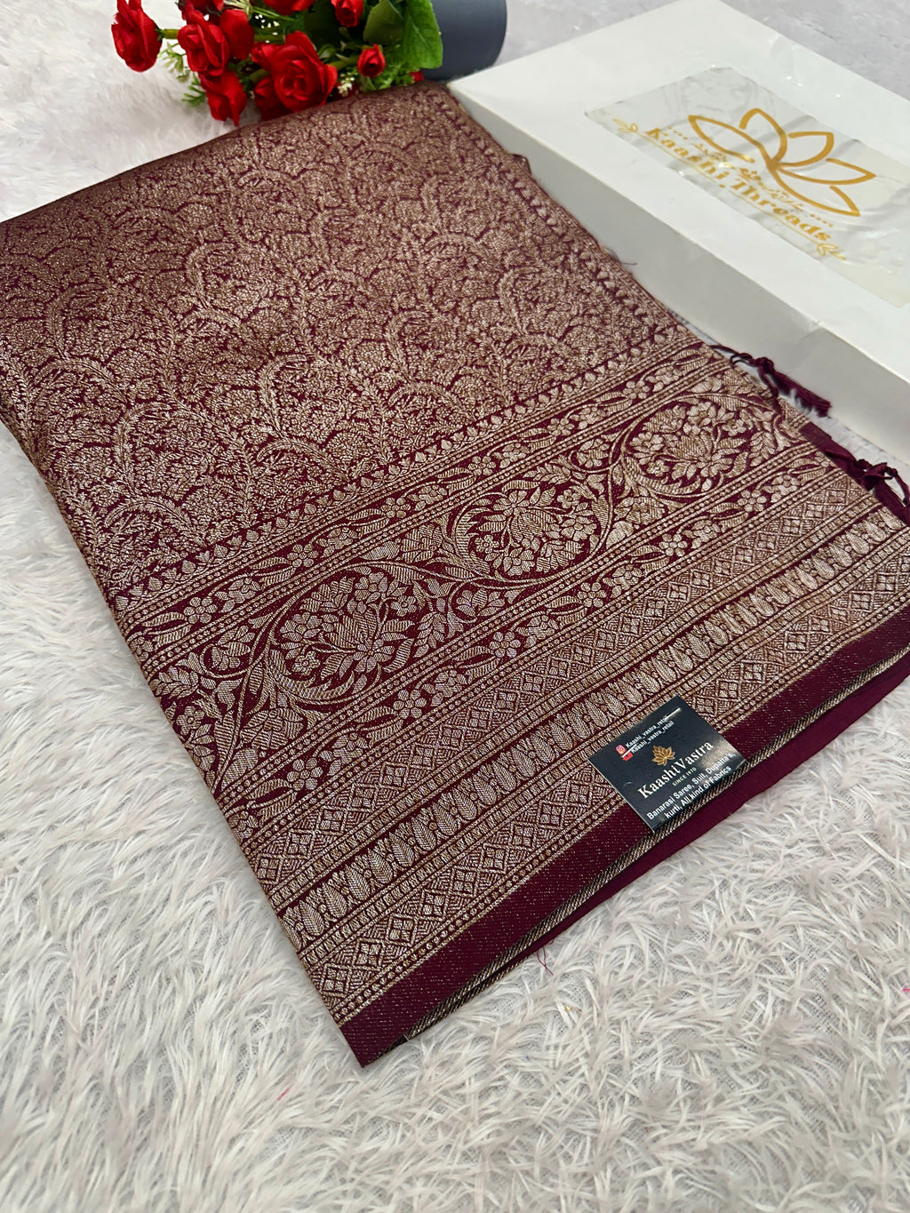 Wine Banarasi Dupion Silk Saree with Embossed Antique Zari Weaving & Rich Antique Zari Pallu | STF65