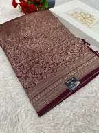 Wine Banarasi Dupion Silk Saree with Embossed Antique Zari Weaving & Rich Antique Zari Pallu | STF65