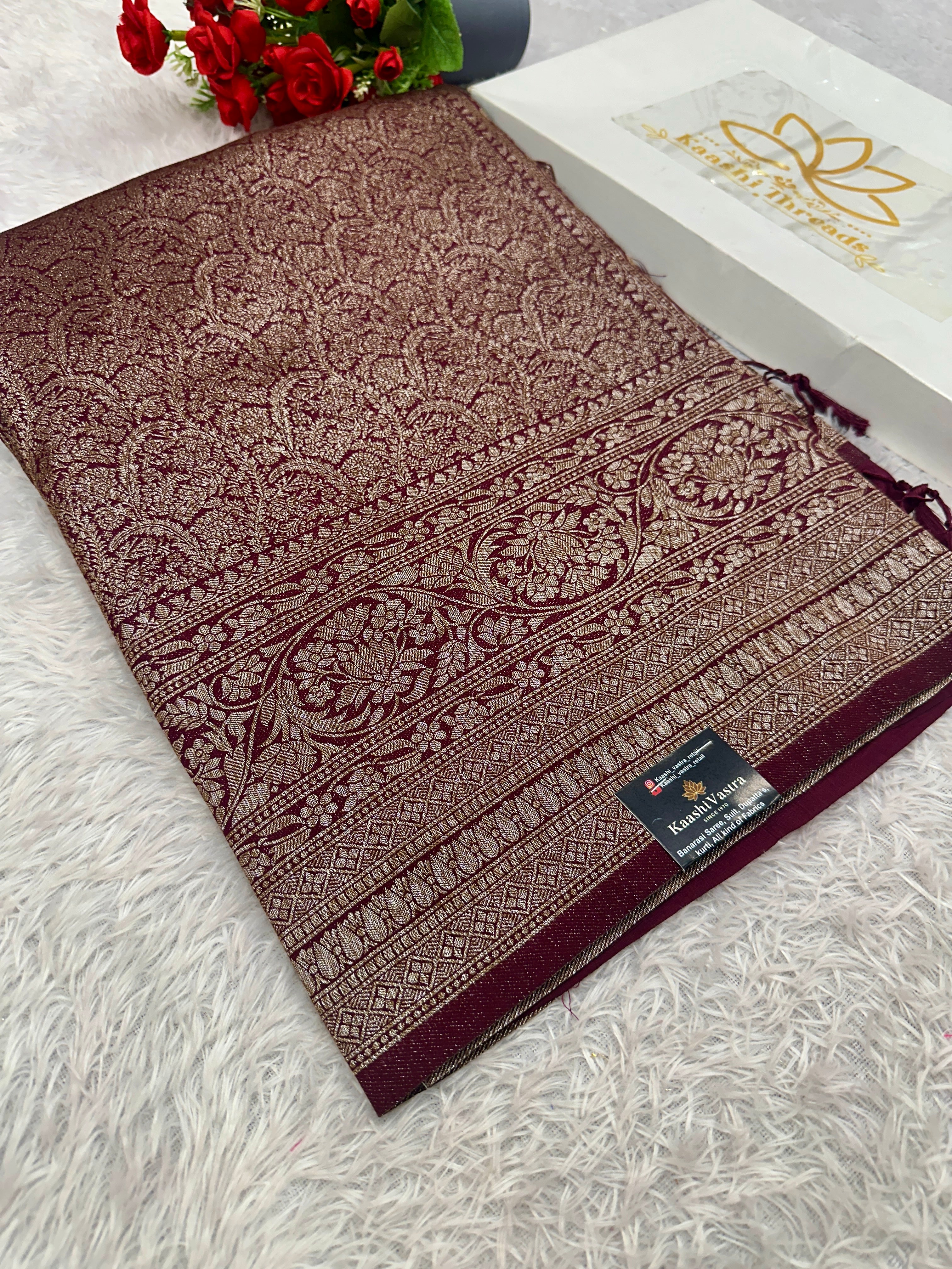 Wine Banarasi Dupion Silk Saree with Embossed Antique Zari Weaving & Rich Antique Zari Pallu | STF65