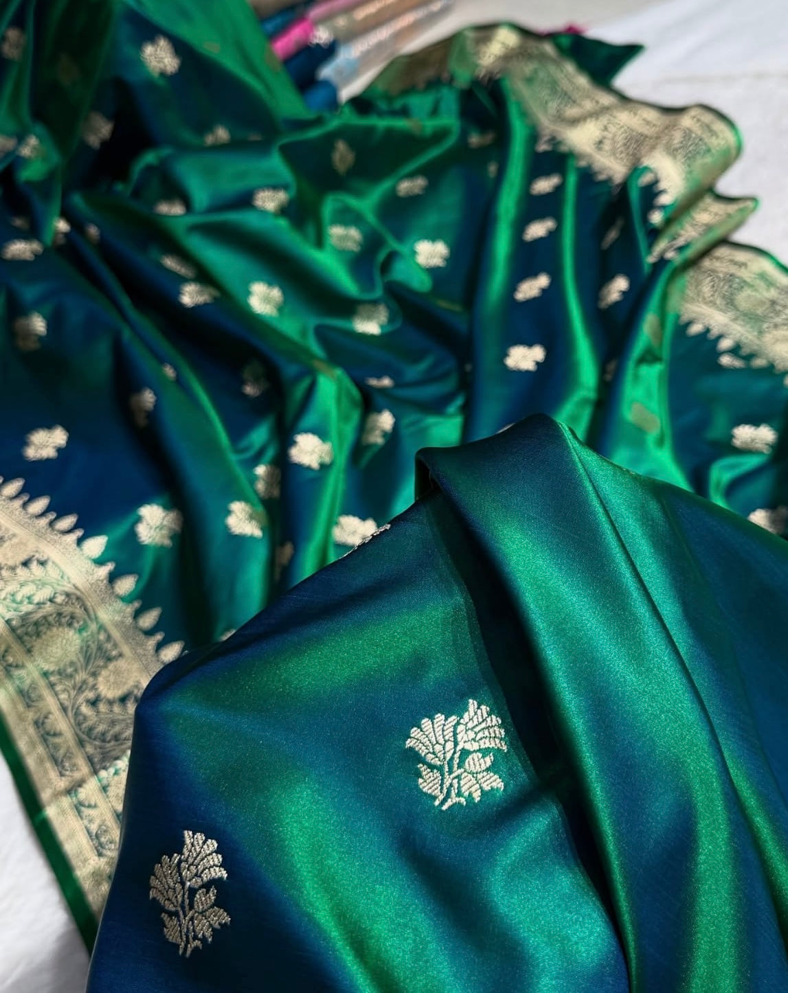 Banarasi Mashru Kataan Silk Saree Featuring Fancy Buta Pattern with Ikkat Border & Zari Pallu – MKS408