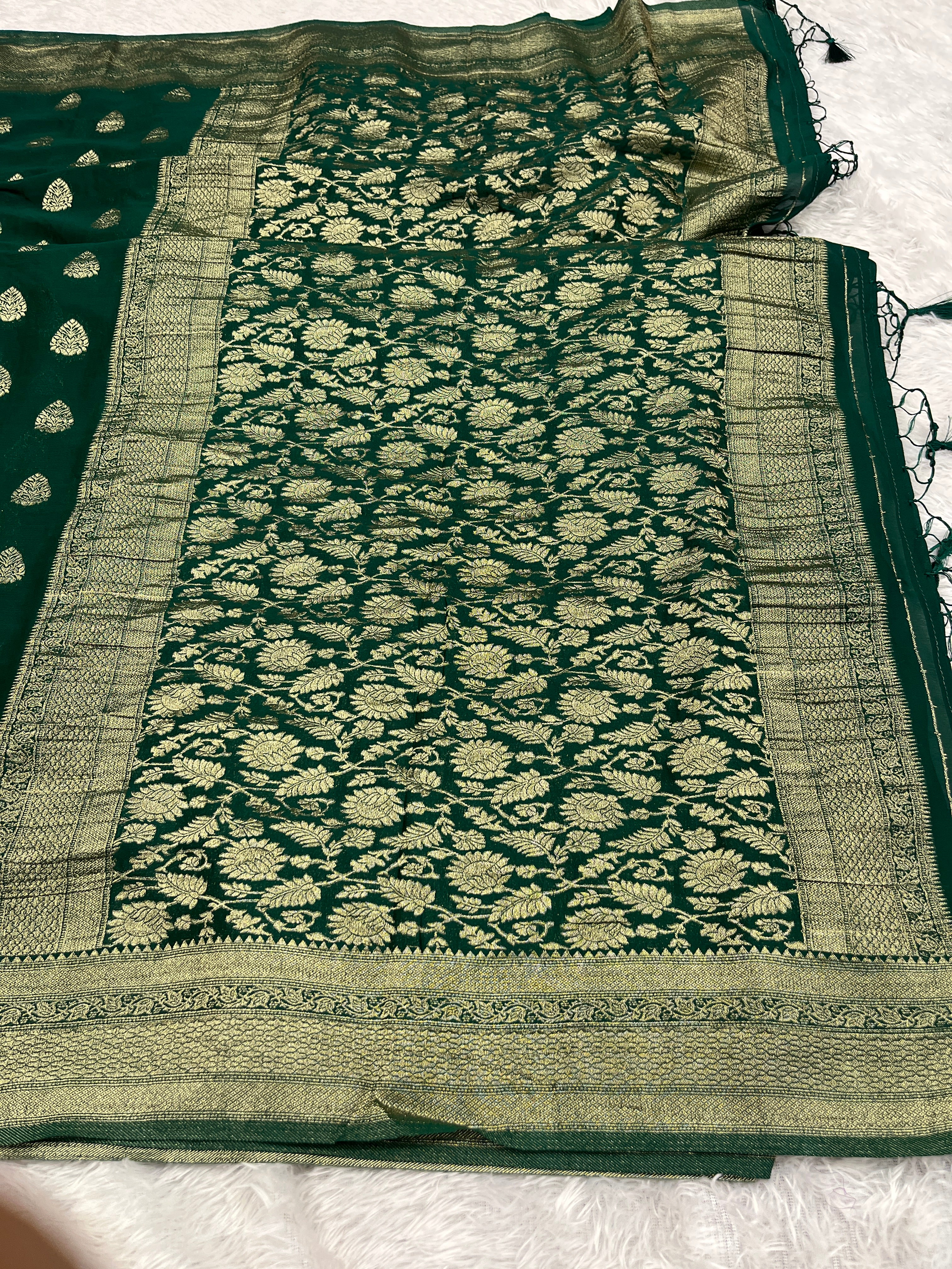 Chinon Silk Buta Zari Green Color Saree CN01