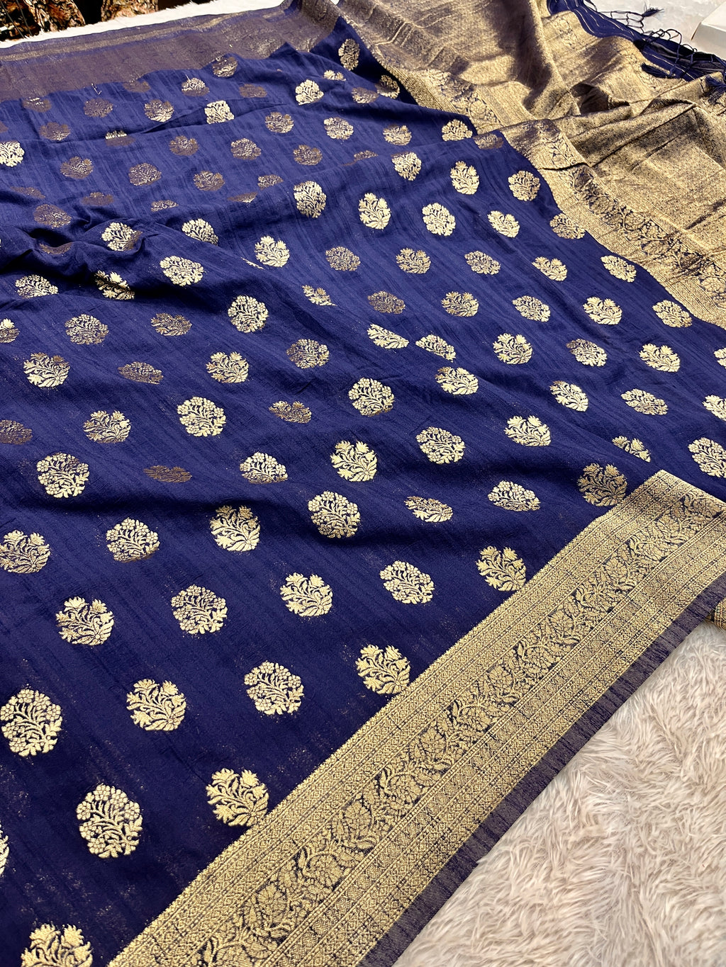Raw Silk Zari Butaa  Navy blue color  Saree RS004
