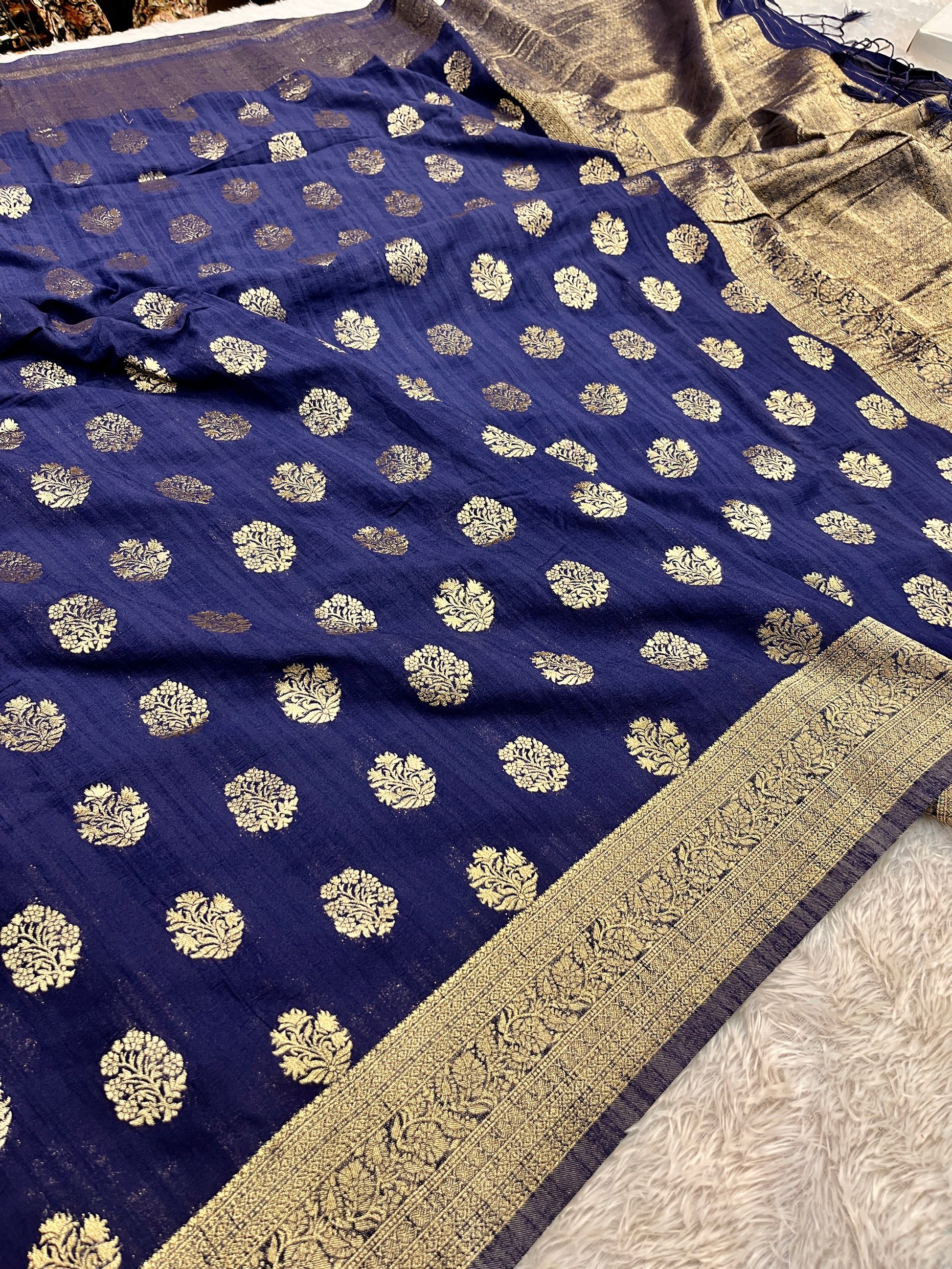 Raw Silk Zari Butaa  Navy blue color  Saree RS004