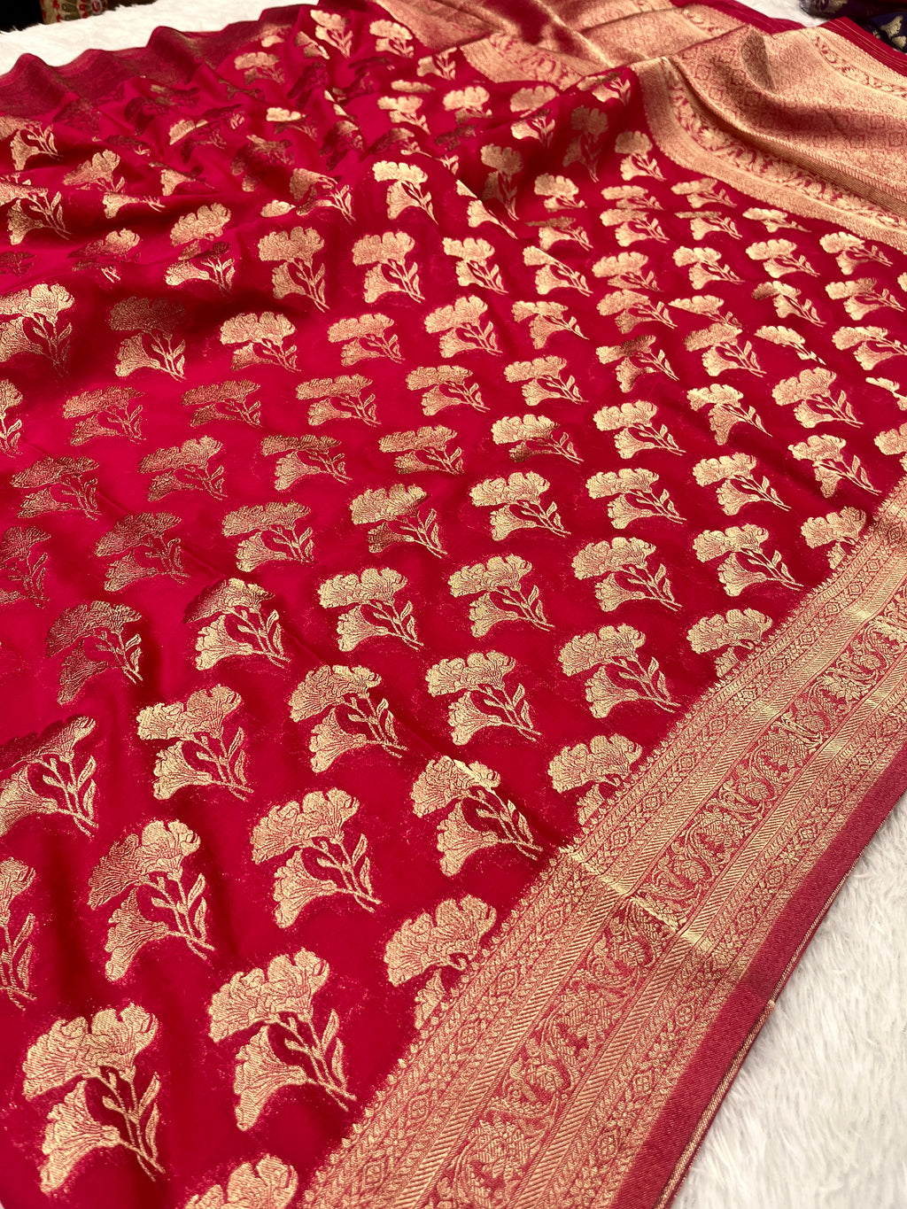 Chinon Silk Dual Flower Design Rani Color Saree CN05