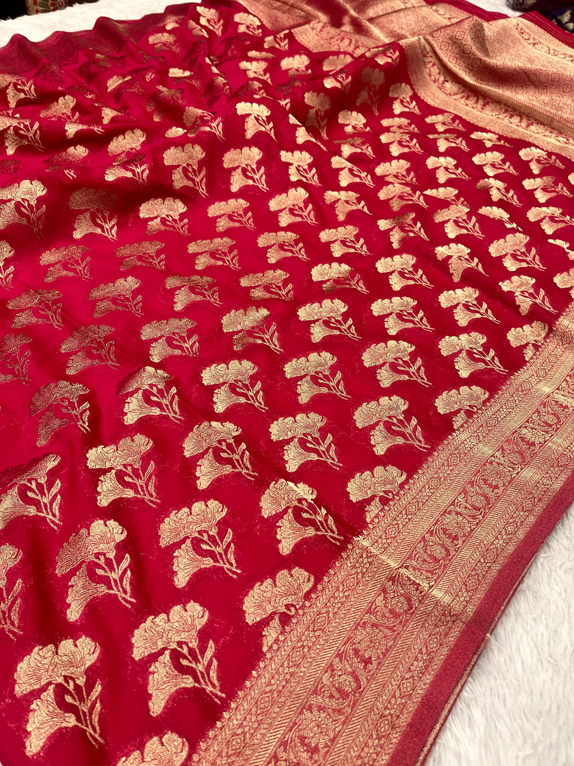 Chinon Silk Dual Flower Design Rani Color Saree CN05