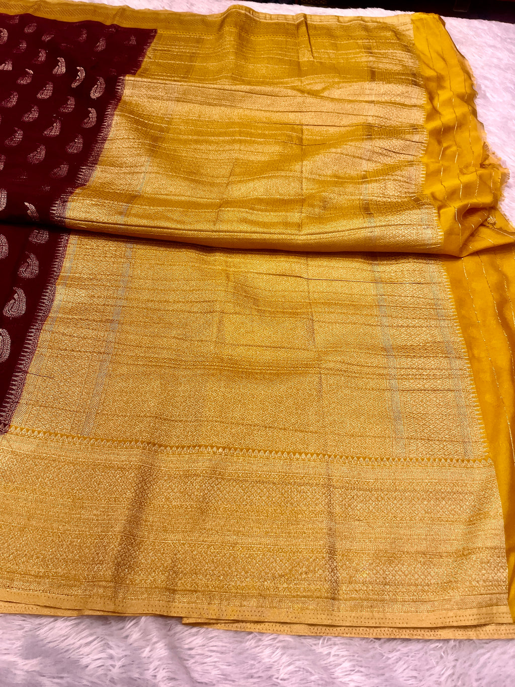 Chinon Silk Karry  Buta  Design Wine with yellow color  Saree CN07