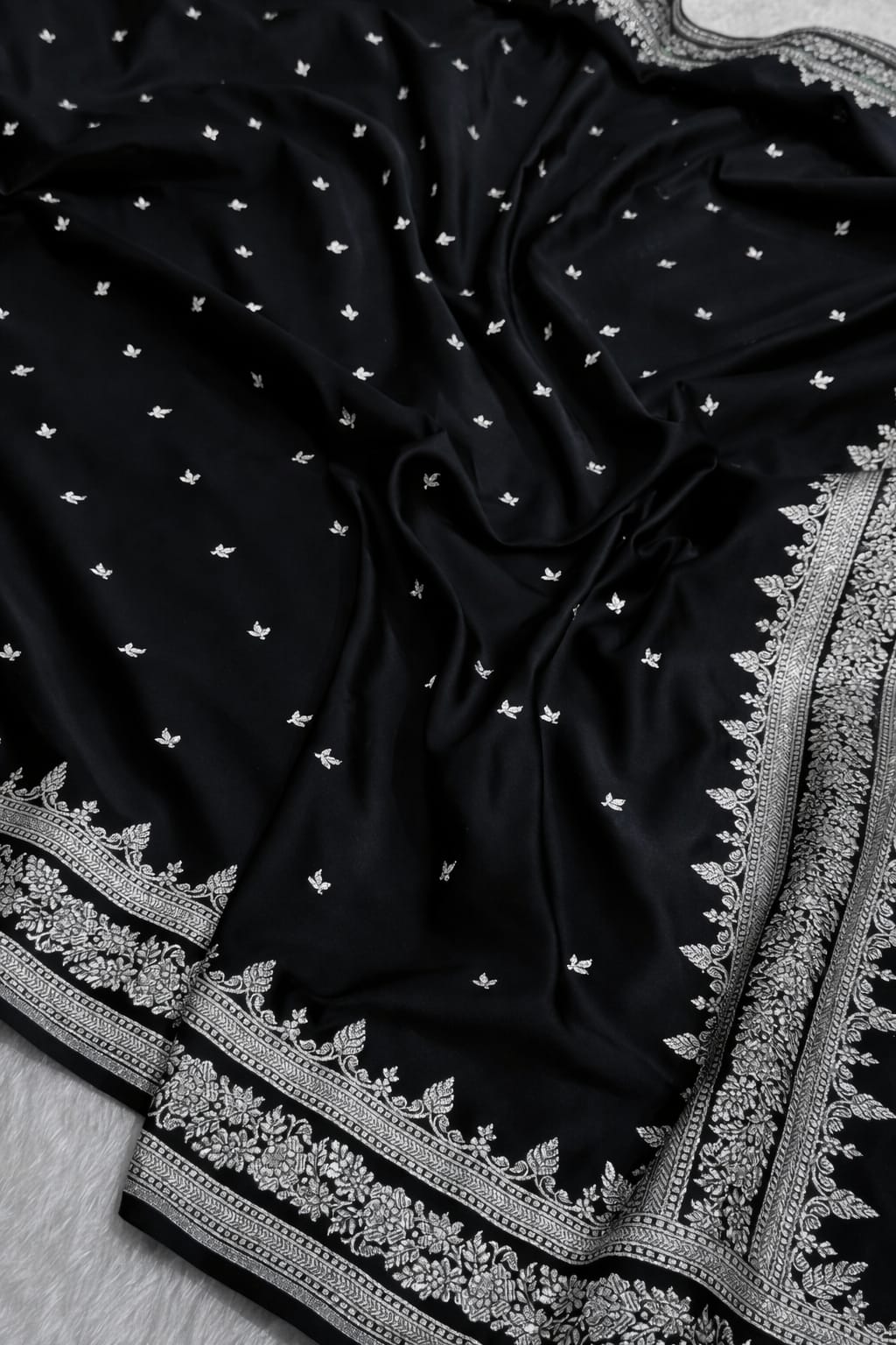 Banarasi Mashru Kataan Silk Saree Featuring Small Buti Pattern with Ikkat Border and Zari Pallu – MKS407