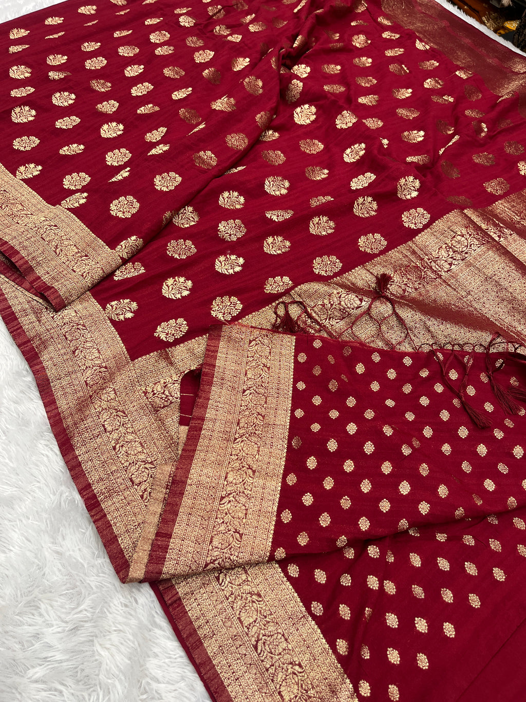 Raw Silk Zari Butaa Maroon color  Saree RS004