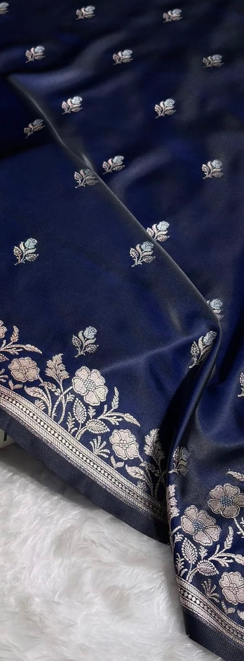Banarasi Mashru Kataan Silk Saree Featuring Zari Rose Buta Design with Rich Zari Pallu – MKS412