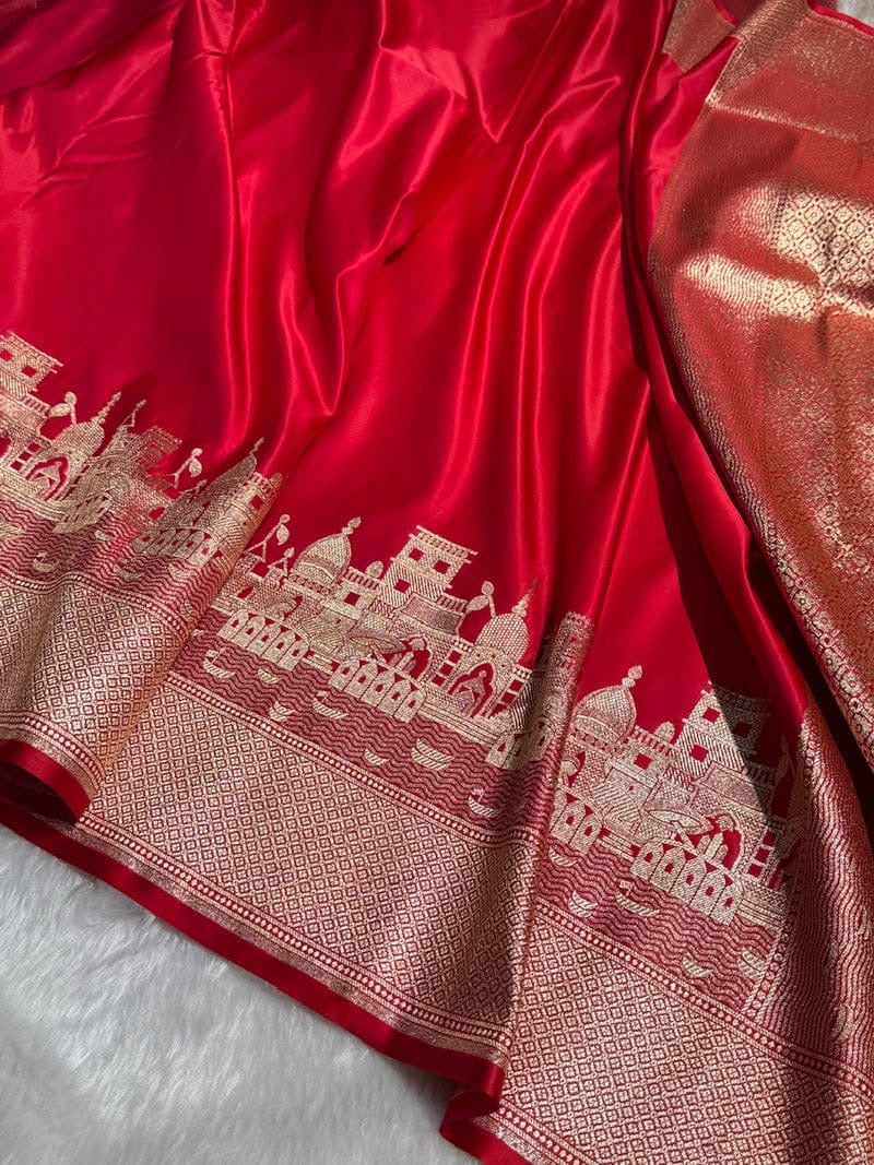 Mashru Kataan Silk Saree with Ghats Woven Design, Ikkat Border & Rich Zari Pallu – MKS406