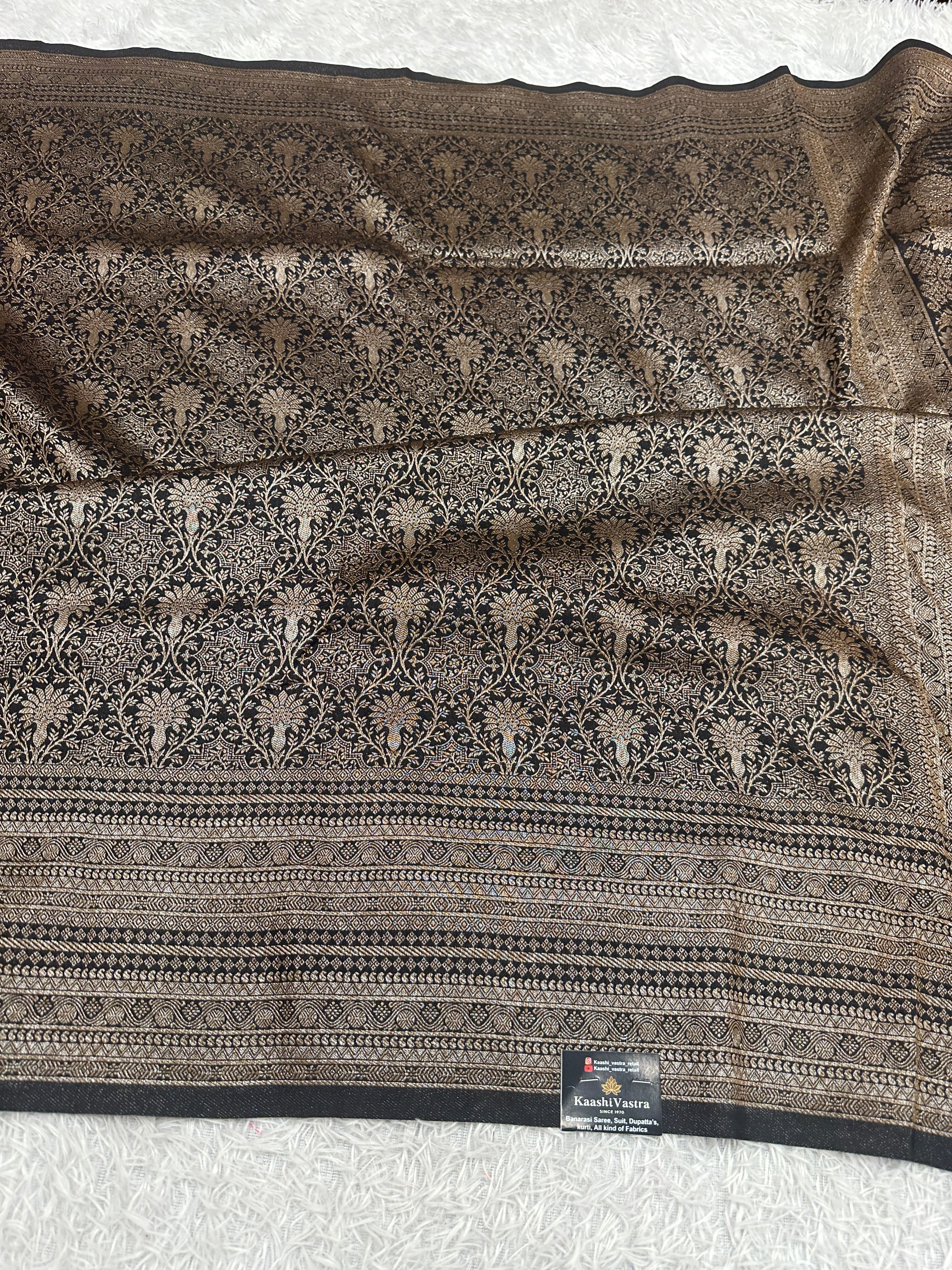 Black Banarasi Dupion Silk Saree with Embossed Antique Zari Weaving & Rich Antique Zari Pallu | STF79
