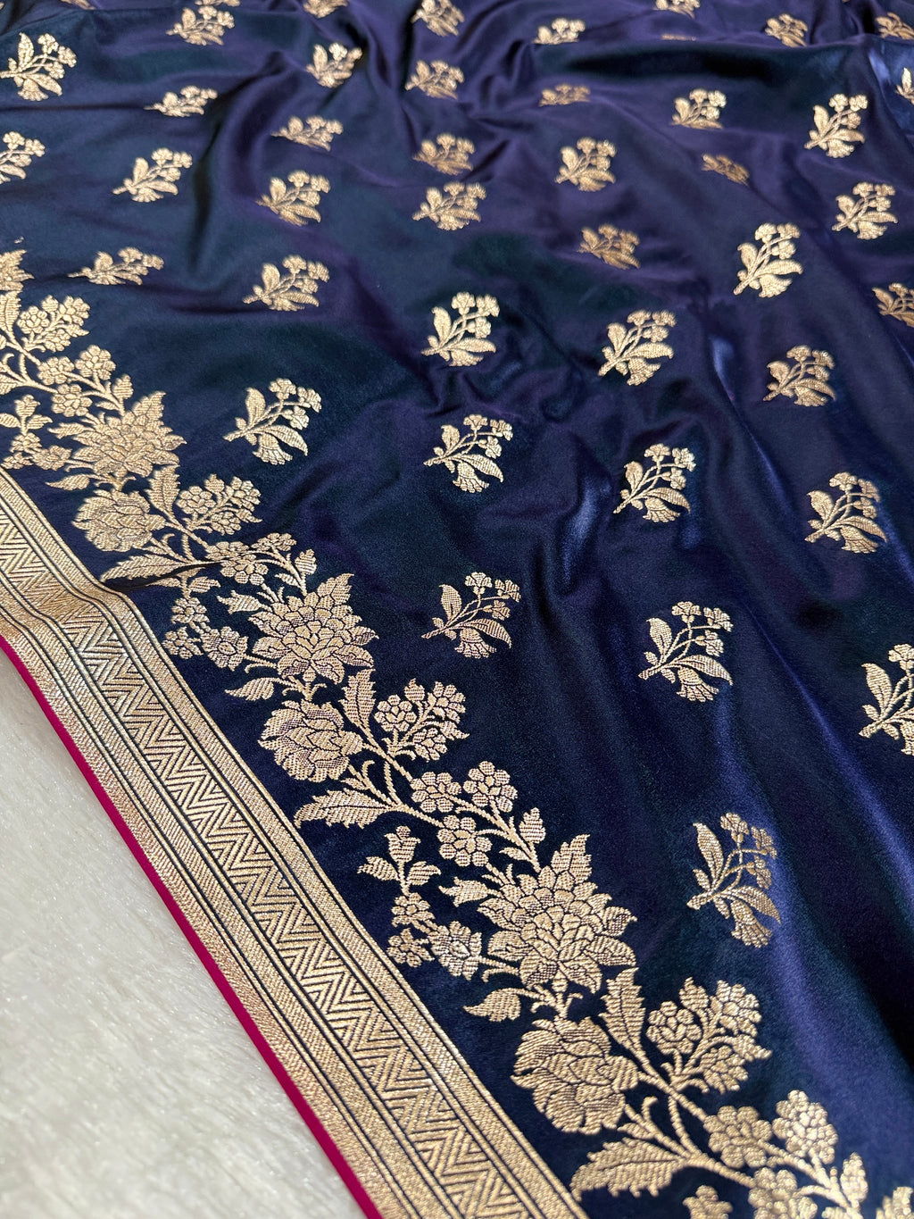 Navy Blue Banarasi Mashru Kataan Silk Saree with Jacquard Woven Flower Zari Buta & Rupa-Sona Zari