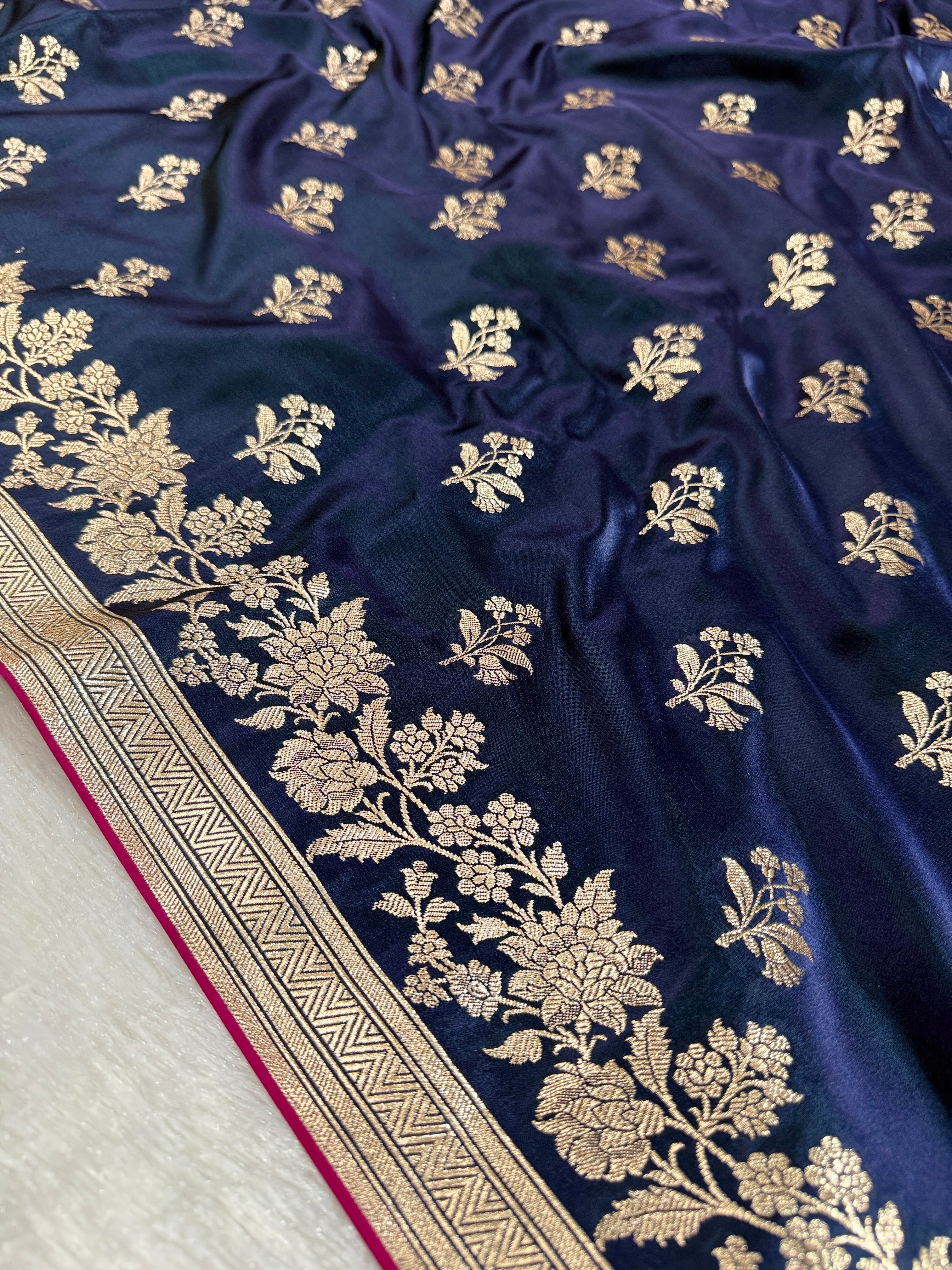 Navy Blue Banarasi Mashru Kataan Silk Saree with Jacquard Woven Flower Zari Buta & Rupa-Sona Zari