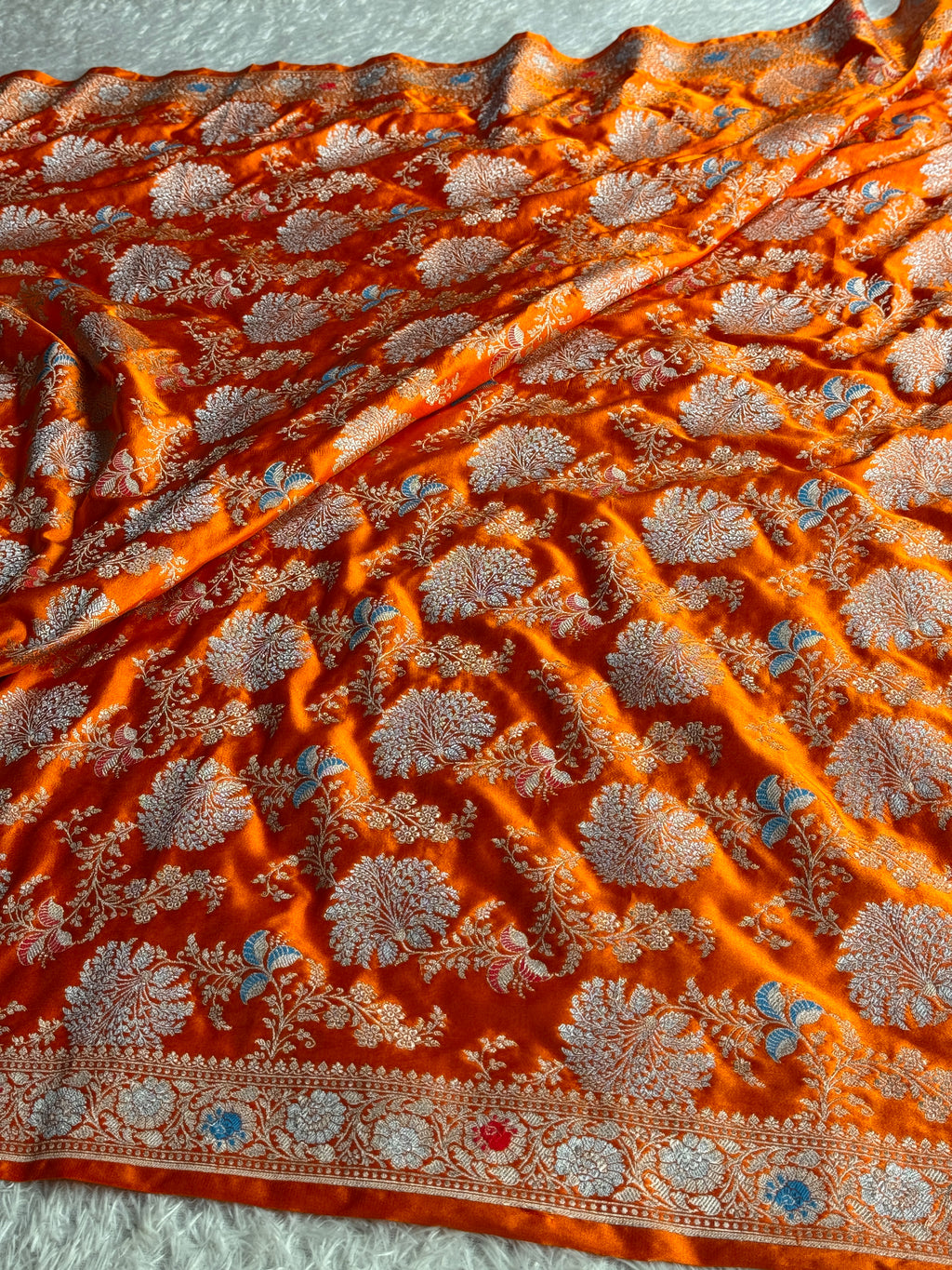 Rusty Orange Mashru Kataan Silk Banarasi Saree with Meenakari Zari Jaal Design | MKS745