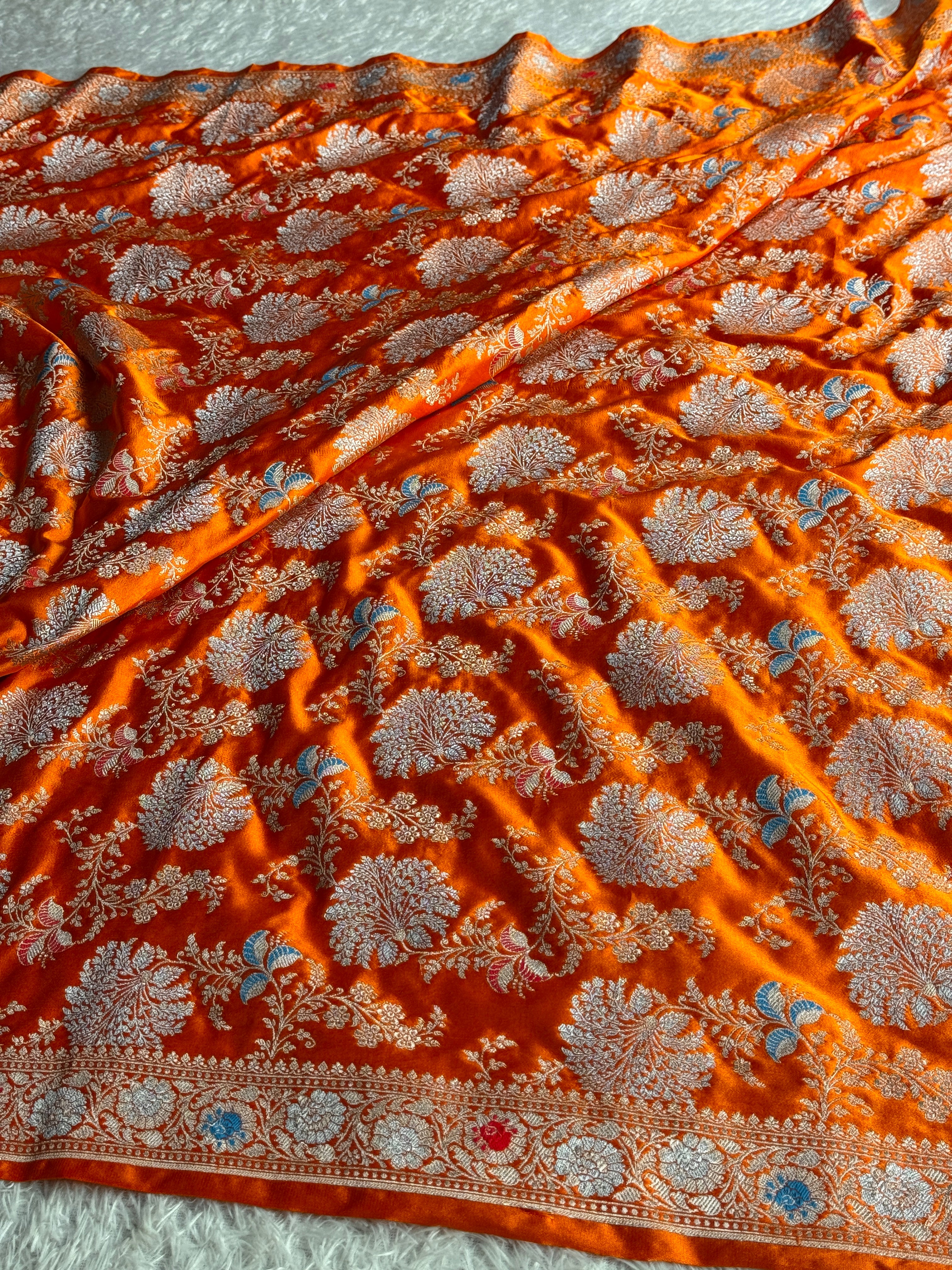 Rusty Orange Mashru Kataan Silk Banarasi Saree with Meenakari Zari Jaal Design | MKS745