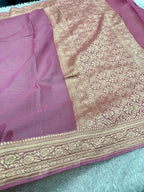 Pure Silk Georgette Strawberry Pink & Yellow Banarasi Saree with Nimzari Woven Border & Rich Zari Pallu
