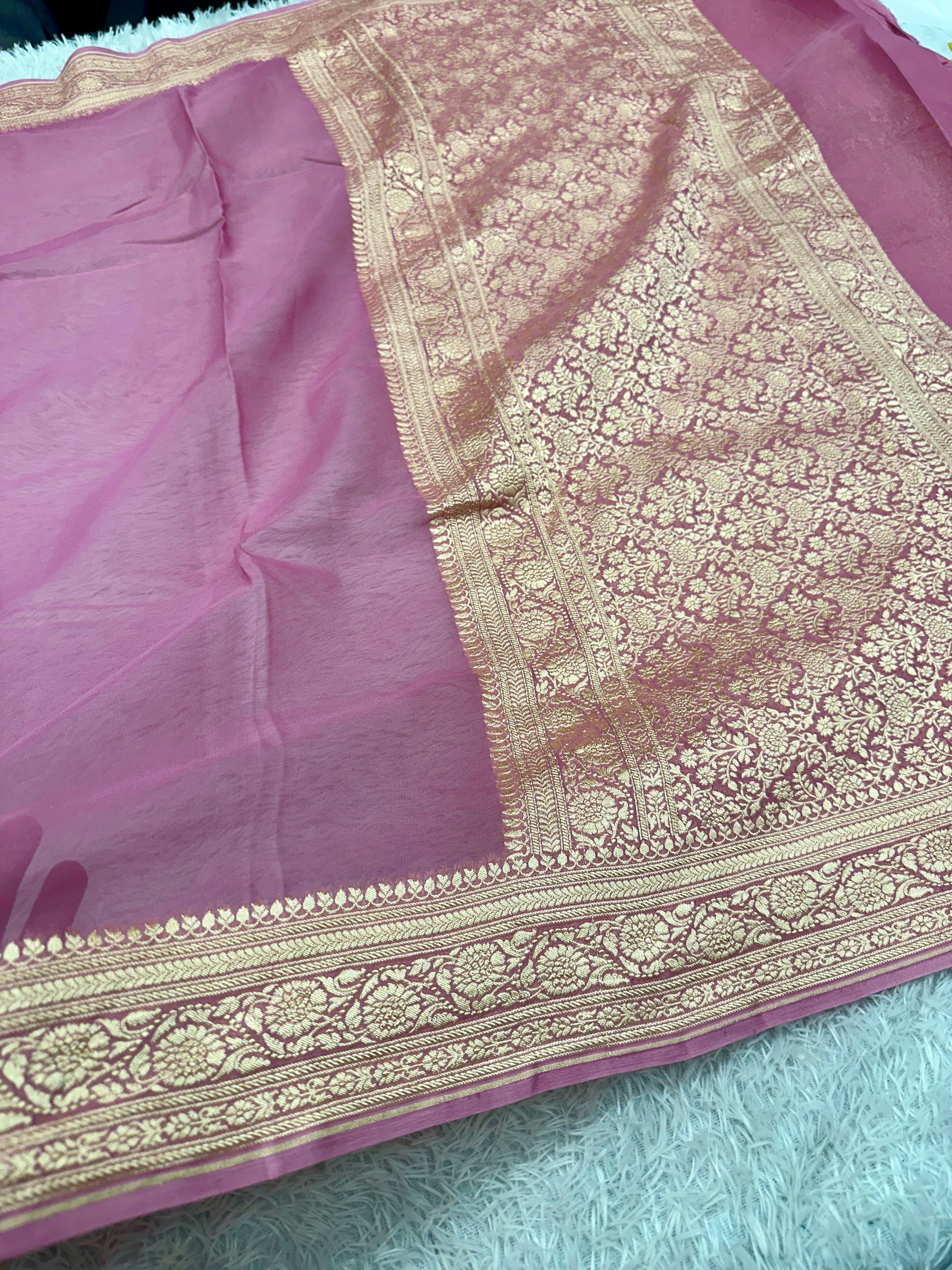 Pure Silk Georgette Strawberry Pink & Yellow Banarasi Saree with Nimzari Woven Border & Rich Zari Pallu